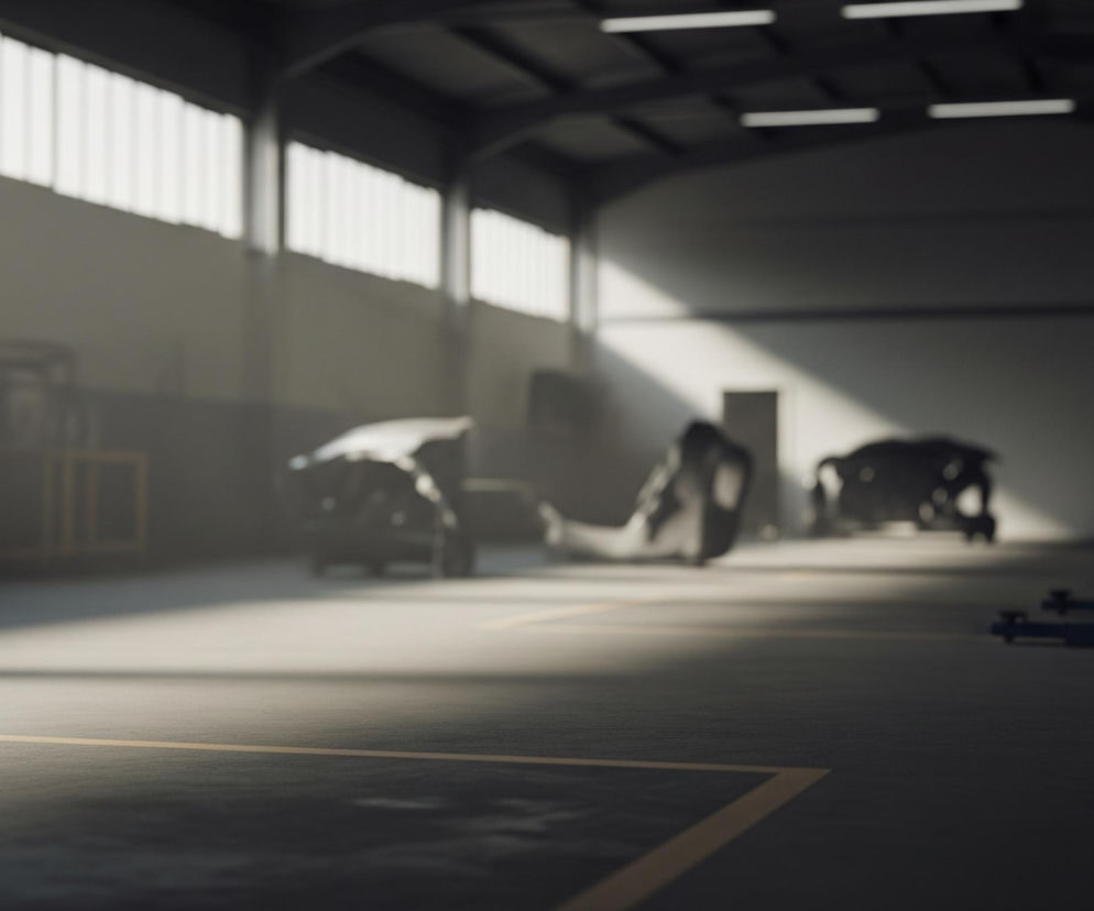 Podłoga warsztatu samochodowego zajmuje większość dolnej części kadru, z wyraźnymi żółtymi liniami wyznaczającymi przestrzeń roboczą. W tle, słabo zogniskowane, widoczne są części samochodów lub karoserie, w większości w ciemnych, szarych odcieniach, rozrzucone po przestronnym pomieszczeniu. Po prawej stronie widać niezogniskowane, niebieskie elementy przypominające podnośnik samochodowy. Górną część obrazu wypełniają duże, prostokątne okna, przez które wpada jasne światło, tworząc kontrastujące cienie i rozświetlając centralną część podłogi.