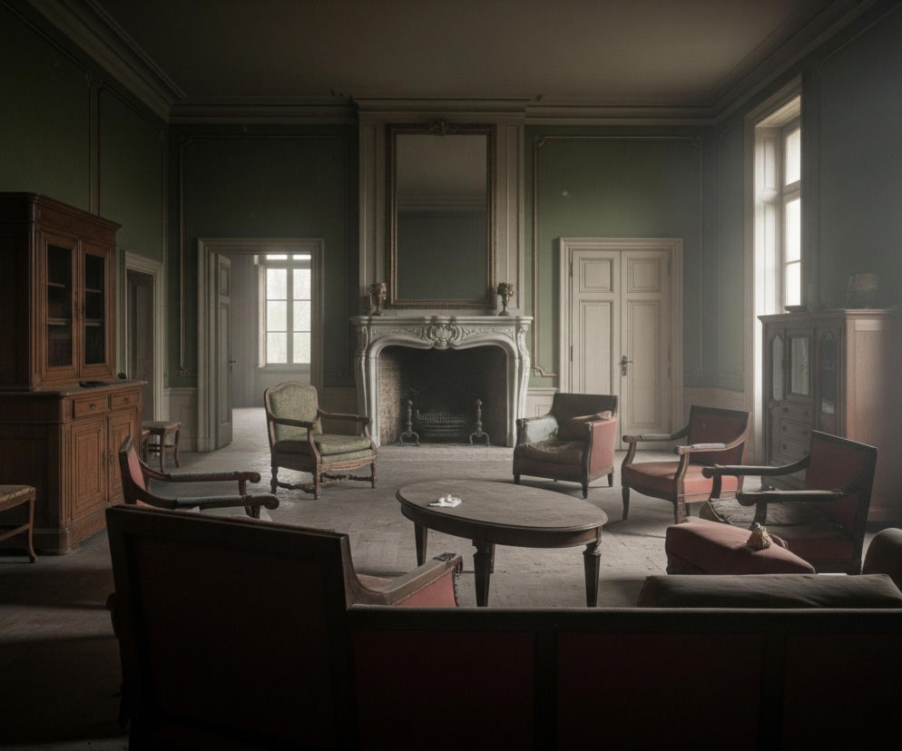 Wnętrze starego pokoju ze ścianami pomalowanymi na ciemnozielony kolor. Na pierwszym planie widać ciemny, podłużny stół otoczony różnymi fotelami i kanapami, z których niektóre mają czerwone obicia. Po lewej stronie pokoju znajduje się wysoka, drewniana witryna, a naprzeciwko niej, po prawej stronie, kolejna drewniana komoda z szafkami. Centralnie umieszczony jest kominek z bogato zdobioną białą obudową, nad którym wisi duże lustro w pozłacanej ramie. Z pokoju prowadzą trzy drzwi, z których jedne są otwarte na inny korytarz, a obok nich znajduje się okno, z którego wpada jasne światło.
