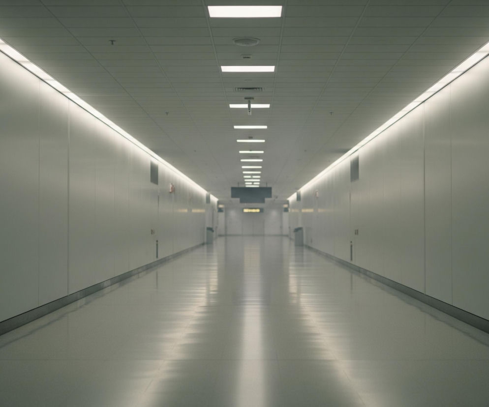 Długi, pusty korytarz rozciąga się w głąb obrazu, ukazując symetryczny układ ścian, podłogi i sufitu. Ściany są jasnoszare, niemal białe, z widocznymi pionowymi łączeniami paneli, a u góry wzdłuż nich biegną jasne, ciągłe linie świetlne, odbijające się delikatnie od gładkiej podłogi. Sufit, również jasnoszary, pokryty jest regularnymi, prostokątnymi panelami, w które wbudowane są podłużne i kwadratowe oprawy oświetleniowe, tworząc wzór zanikający w oddali. Na końcu korytarza, w centralnym punkcie, widać słabo oświetlone tablice informacyjne.