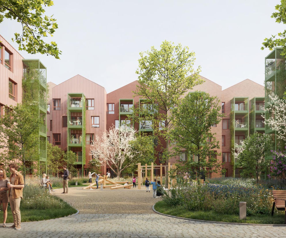 Projekt osiedla TBS w Poznaniu z czerwoną elewacją i zielonymi balkonami. O architekturze przeczytasz na Architektura.