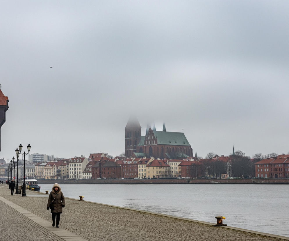 Na pierwszym planie, z prawej strony, idzie kobieta w zimowej kurtce z futrzanym kapturem, po brukowanym nabrzeżu. W tle, na lewym brzegu rzeki, dominuje duży ceglany budynek z czerwonym dachem, a za nim widać szereg kamienic i drzewa bez liści. Na przeciwległym brzegu rzeki rozciąga się miejski krajobraz z historycznymi budynkami o czerwonych dachach, a pośrodku wyróżnia się majestatyczna, ceglana katedra z zielonym dachem i dwiema wysokimi wieżami, częściowo zasłonięta przez mgłę. Niebo jest pochmurne i szare, a pojedynczy ptak leci w lewej górnej części kadru.