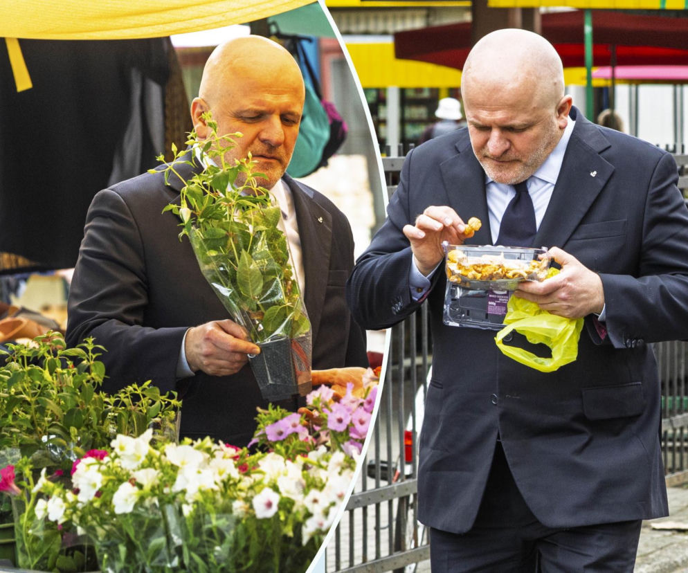 Paweł Kowal buszujący na bazarku. Na zdjęciu polityk w eleganckim garniturze ogląda sadzonki roślin doniczkowych i kupuje przekąski. Więcej o pasji ogrodniczej polityka przeczytasz na naszym portalu.