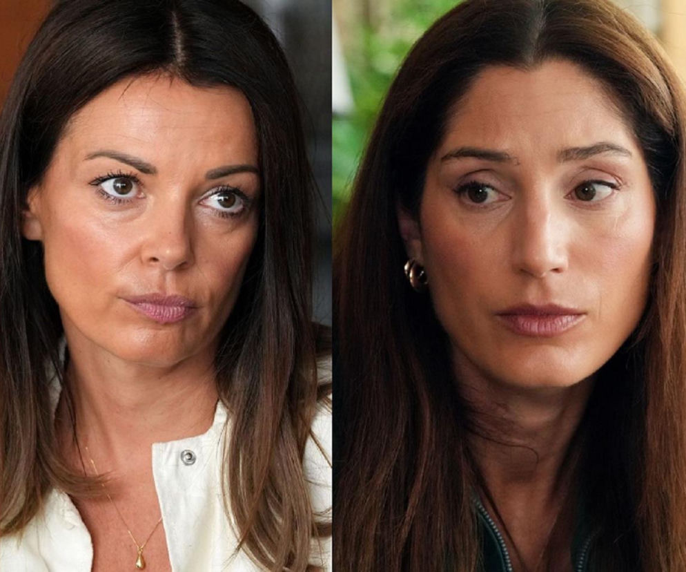 Katarzyna Glinka (Kasia) i Orina Krajewska (Celina) z serialu Barwy szczęścia, z zamyślonymi minami patrzące w bok. Kobiety w bliskich ujęciach, z długimi, ciemnymi włosami, ubrane w jasne bluzki. Zdjęcie ilustruje odcinek, w którym Kasia dowie się o zaginięciu Łukasza. Więcej o Super Seriale przeczytasz na naszym portalu.