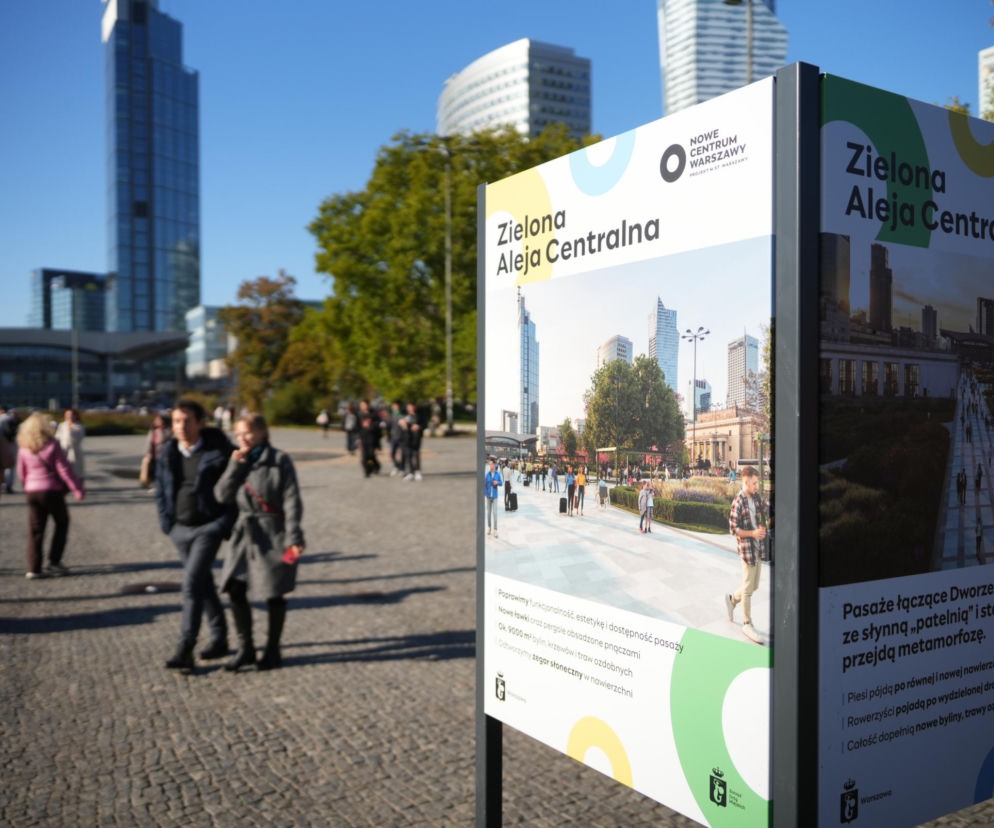 Tablica z wizualizacją Zielonej Alei Centralnej w Warszawie. O szczegółach inwestycji przeczytasz na SE.