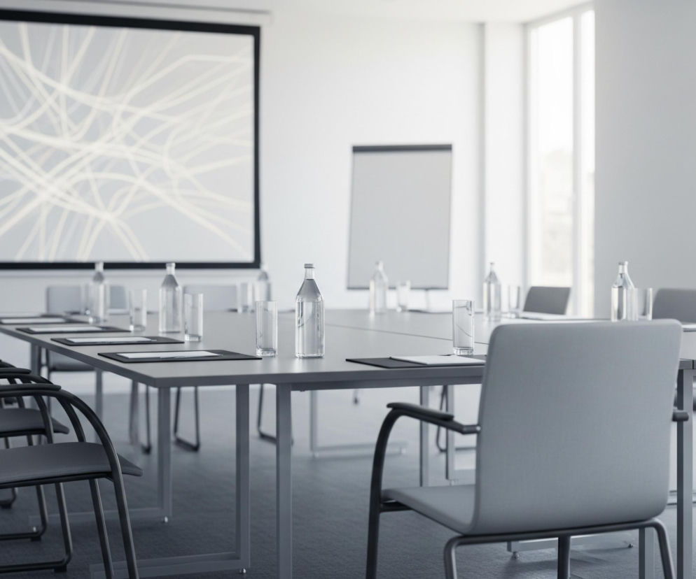 Wnętrze sali konferencyjnej utrzymane jest w monochromatycznych odcieniach szarości i bieli, z długim, prostokątnym stołem zajmującym centrum pomieszczenia. Po obu stronach stołu ustawione są szare krzesła z czarnymi podłokietnikami i metalowymi ramami, a na blacie rozmieszczone są butelki z wodą, szklanki i czarne podkładki z białymi kartkami papieru. Na ścianie w tle wisi duży ekran projekcyjny z abstrakcyjnym wzorem białych, falujących linii, a obok niego, po prawej stronie, stoi biały flipchart. Prawa ściana sali wyposażona jest w duże okna, wpuszczające naturalne światło i rozświetlające przestrzeń.