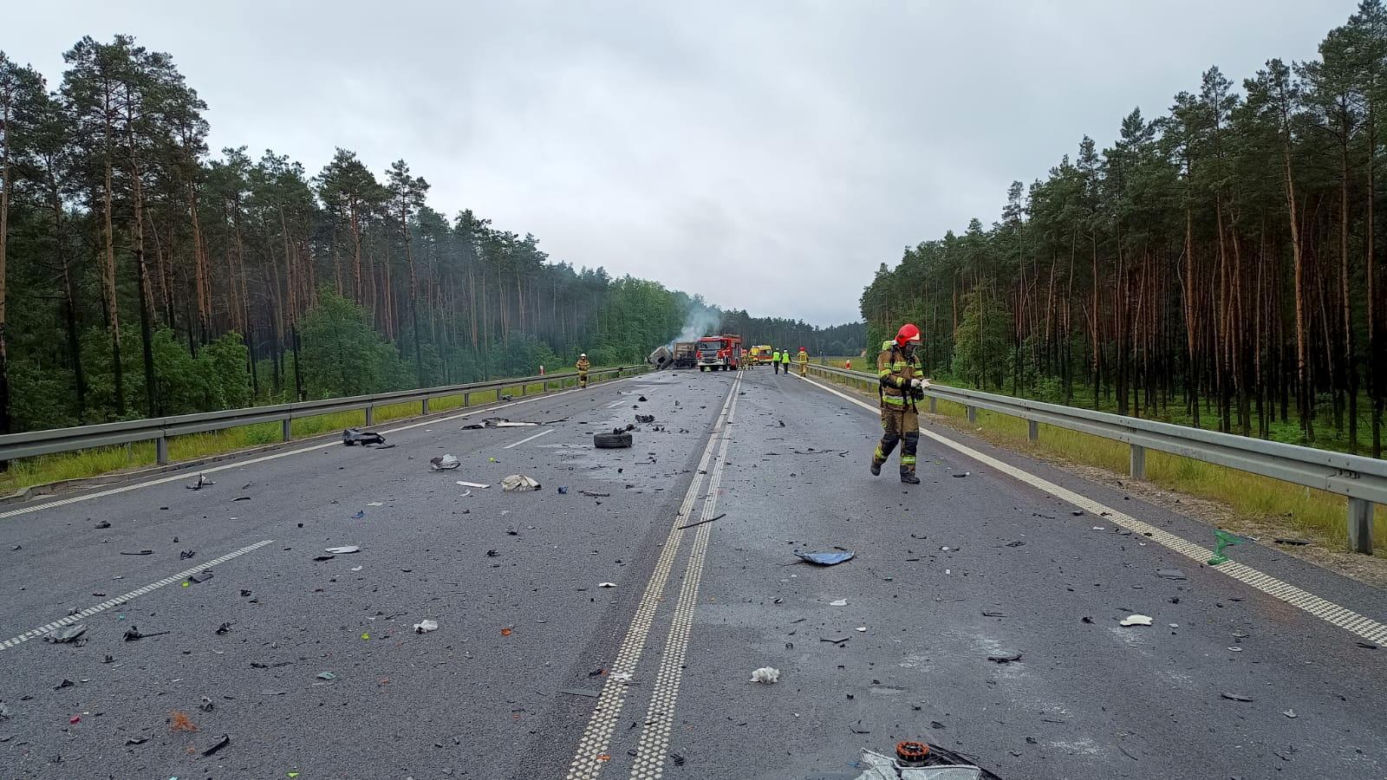 Śmiertelny wypadek pod Bełchatowem. Kierowca osobówki nie żyje, ciężarówka spłonęła [ZDJĘCIA].