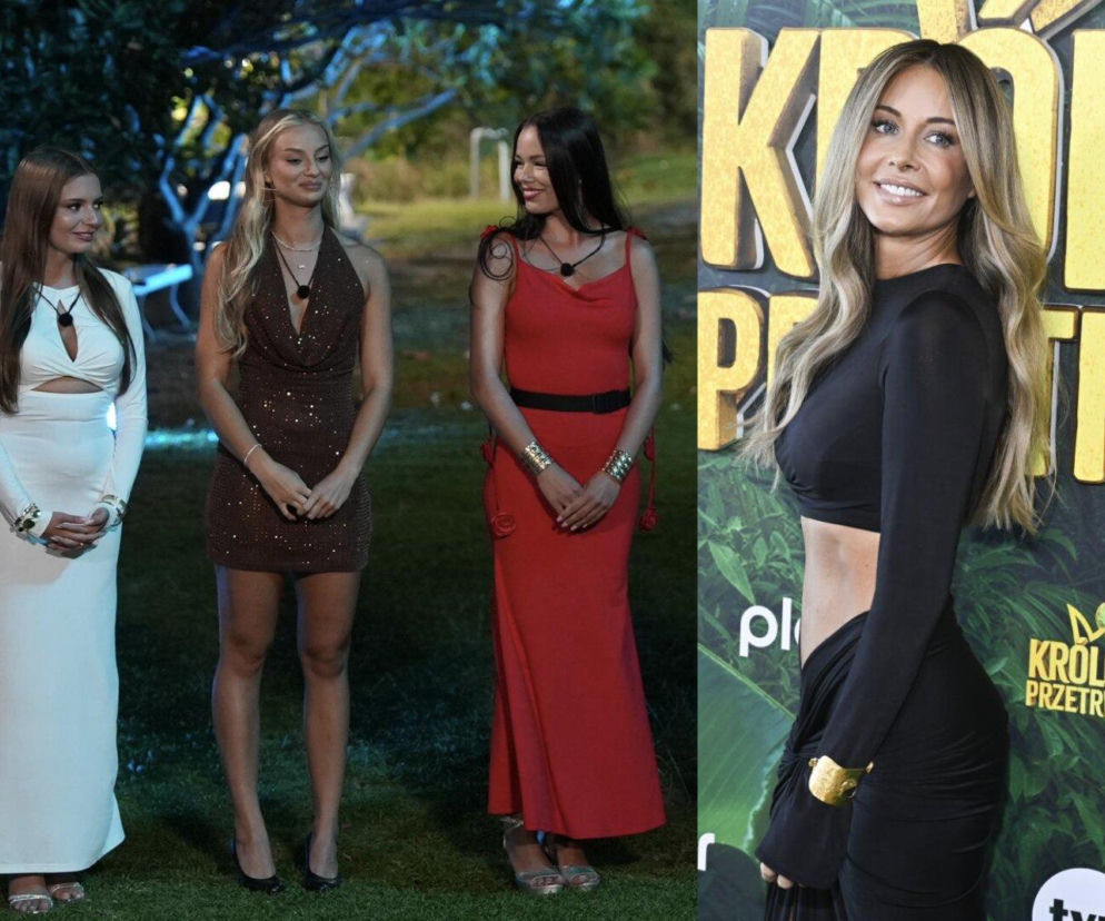 Trzy kobiety z Hotelu Paradise (Magda, Dominika, Roksana) w eleganckich kreacjach stoją na trawie, obok celebrytka w czarnej sukience pozuje na tle logo Królowej Przetrwania. Więcej o tych spekulacjach przeczytasz na naszym portalu.
