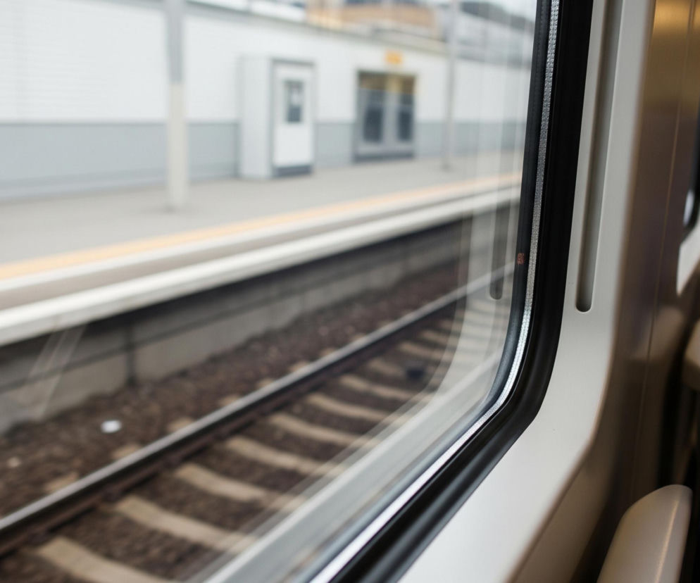 Widok z wnętrza wagonu kolejowego ukazuje peron i tory za oknem. Po prawej stronie kadru widoczne są ciemnoniebieskie siedzenia z beżowymi podłokietnikami, ułożone w rzędzie. Za oknem, rozciągającym się przez lewą część obrazu, widać torowisko z brązowymi podkładami i szynami, a dalej jasny peron z żółtą linią bezpieczeństwa. W tle, na peronie, znajduje się jasny budynek z szarym cokołem, drzwiami i oknami, wszystko lekko rozmyte.