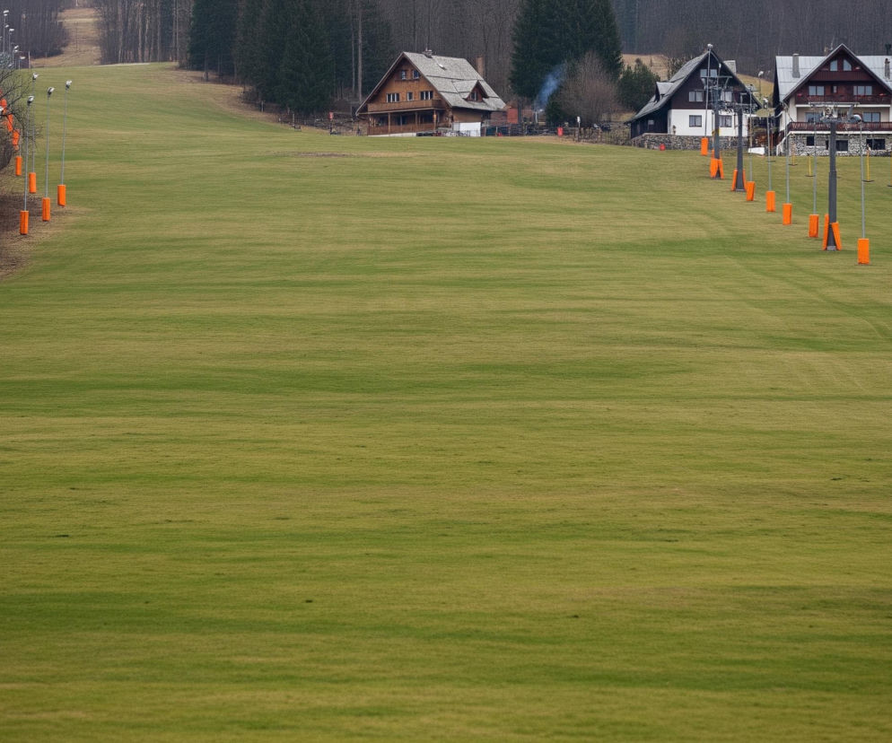 Rozległy zielony stok pokryty równo przystrzyżoną trawą, z wyraźnymi poziomymi pasmami ciemniejszej i jaśniejszej zieleni. Po lewej stronie stoku, wzdłuż jego krawędzi, ustawiony jest rząd wysokich słupów z pomarańczowymi ochraniaczami u podstawy oraz lampami na szczycie. Po prawej stronie stoku również znajduje się rząd słupów, w tym podpory wyciągu narciarskiego z podwieszonymi żółtymi orczykami i pomarańczowymi ochraniaczami u ich podstaw.

Na górze stoku, w tle, widoczne są drewniane i murowane budynki o spadzistych dachach, a za nimi rozciąga się ciemny las iglasty. Z jednego z kominów unosi się biały dym.