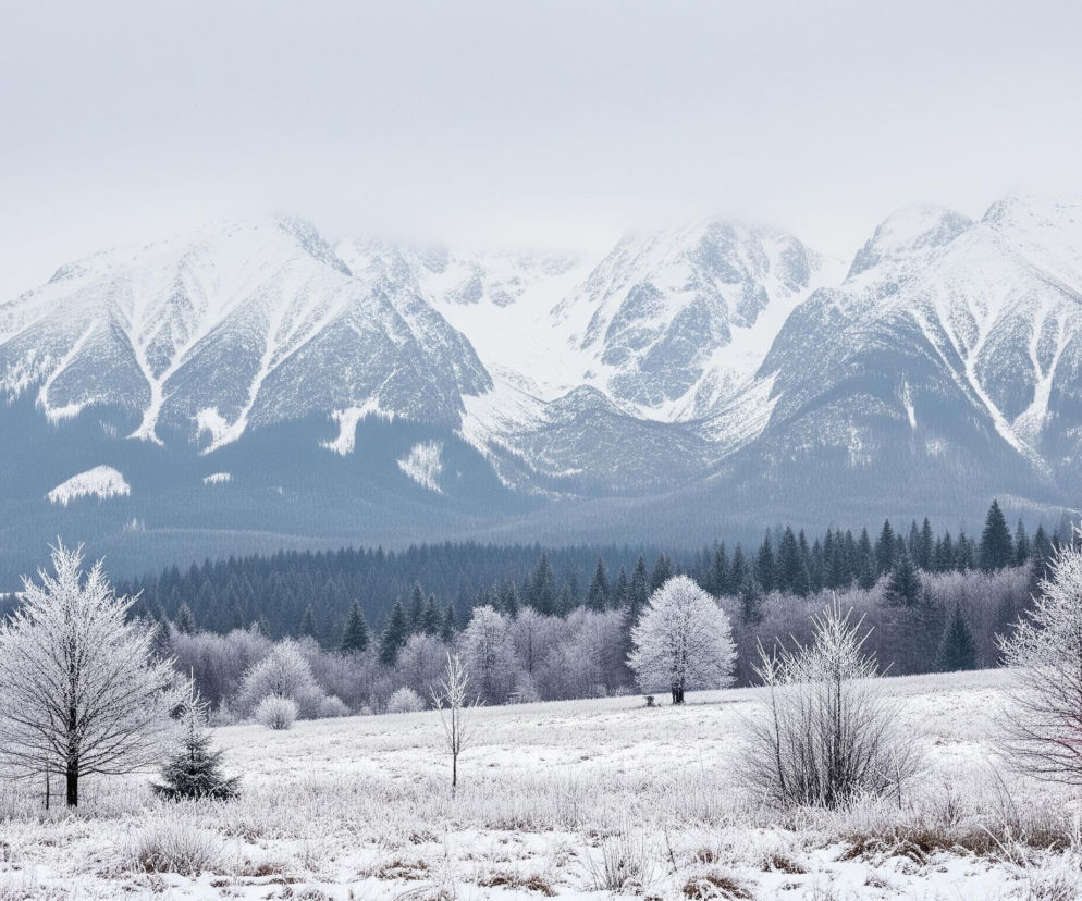 Ośnieżone góry dominują w tle, ich szczyty częściowo spowite są niskimi chmurami lub mgłą, a ich stoki pokrywa warstwa świeżego śniegu. Poniżej rozciąga się pasmo ciemnozielonych, iglastych drzew, które stanowi wyraźną granicę między górami a otwartą, zaśnieżoną polaną na pierwszym planie. Na polanie rosną pojedyncze drzewa i krzewy, wszystkie obficie pokryte białym szronem, co nadaje im bajkowy, lśniący wygląd. W lewej części obrazu, na skraju polany, widać mały, czerwony domek z ciemnym dachem, częściowo ukryty wśród zaśnieżonych drzew.