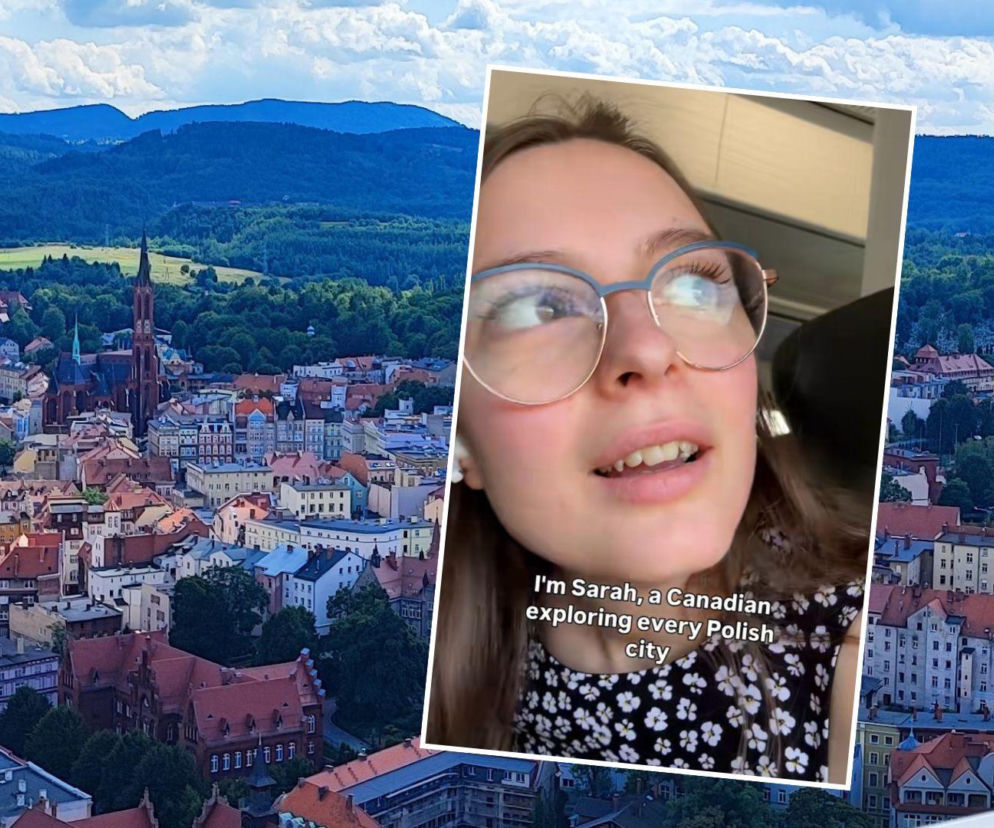 Panorama Wałbrzycha. Na wstawce uśmiechnięta tiktokerka Sarah. O jej zachwycie miastem przeczytasz na SE Wrocław.