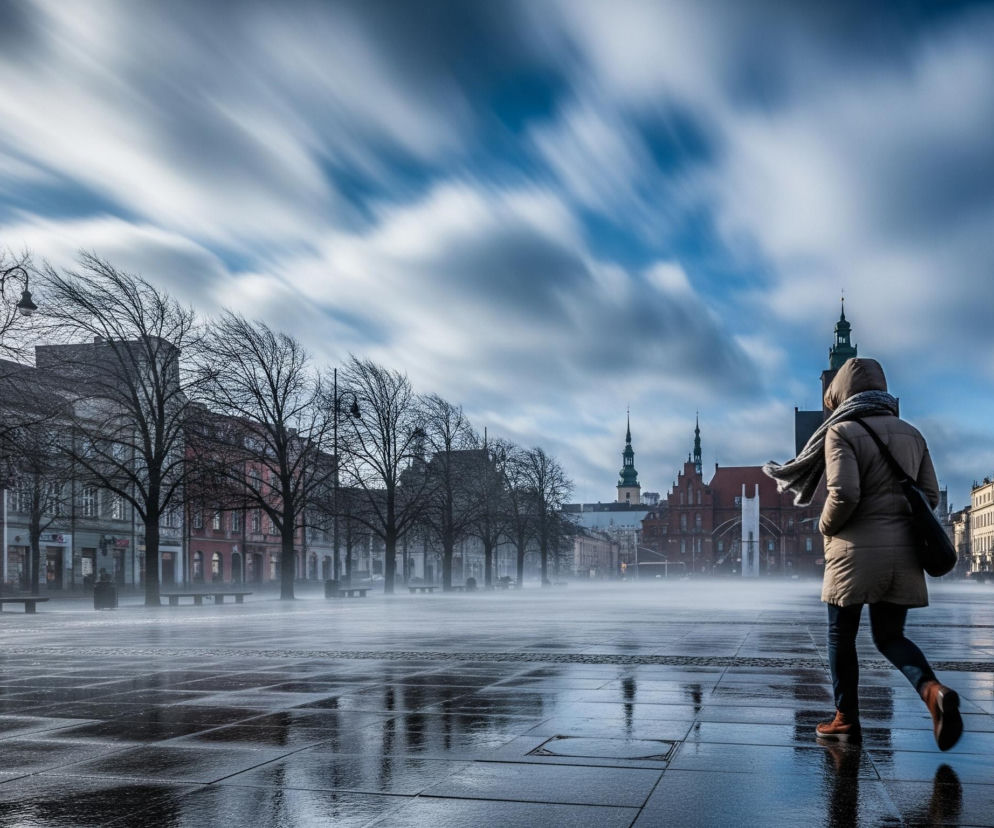 Kobieta w beżowej kurtce, granatowych spodniach i brązowych butach idzie przez mokry, brukowany plac, tyłem do obserwatora. Długie smugi chmur przecinają błękitne niebo, tworząc dynamiczny efekt ruchu. Po lewej stronie widać szereg budynków o ceglanych i jasnych fasadach, poprzedzonych rzędem drzew o nagich gałęziach. W tle, pośrodku kadru, wyróżniają się dwie wieże kościelne i czerwono-ceglany budynek, a cała scena skąpana jest w zimnym, popołudniowym świetle.