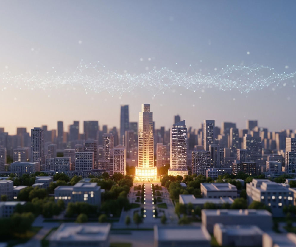 W centrum obrazu znajduje się wysoki budynek otoczony intensywnym, ciepłym, żółtym światłem, dominujący nad panoramą miasta. Wokół niego rozciąga się wiele innych, mniejszych wieżowców i budynków, oświetlonych w różnych miejscach drobnymi, żółtymi światłami w oknach. Na tle nieba, które przechodzi od błękitu na górze do jasnego pomarańczu przy horyzoncie, unosi się falista, świetlista struktura składająca się z połączonych białych kropek, przypominająca sieć lub konstelację. Na pierwszym planie widoczne są niższe budynki i liczne, gęste, zielone drzewa, a także jasno oświetlona aleja prowadząca do centralnego, świecącego budynku.