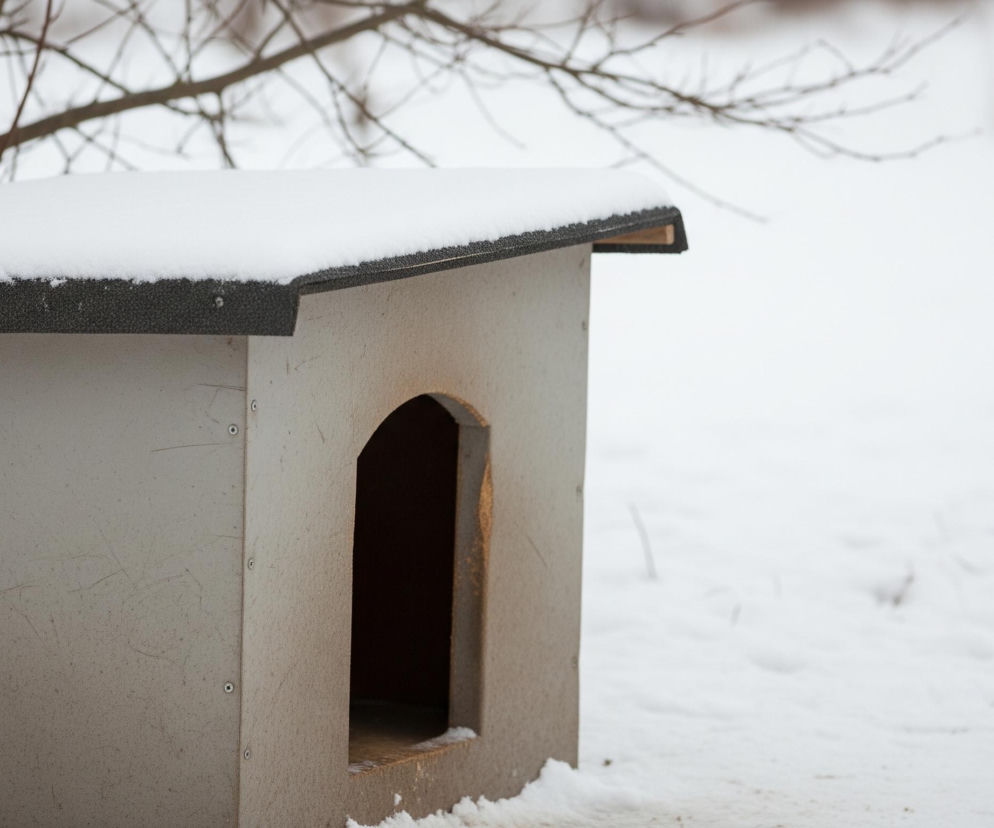 Szara buda dla psa, jej dwuspadowy dach jest pokryty warstwą białego śniegu. Otwór wejściowy do budy ma kształt łuku, a jego wnętrze jest ciemne, z jasnym progiem pokrytym cienką warstwą śniegu. Po lewej stronie budy widoczne są fragmenty pnia i gałęzi drzewa, również częściowo oprószone śniegiem. Tło stanowi rozmyty, jednolity krajobraz pokryty śniegiem.