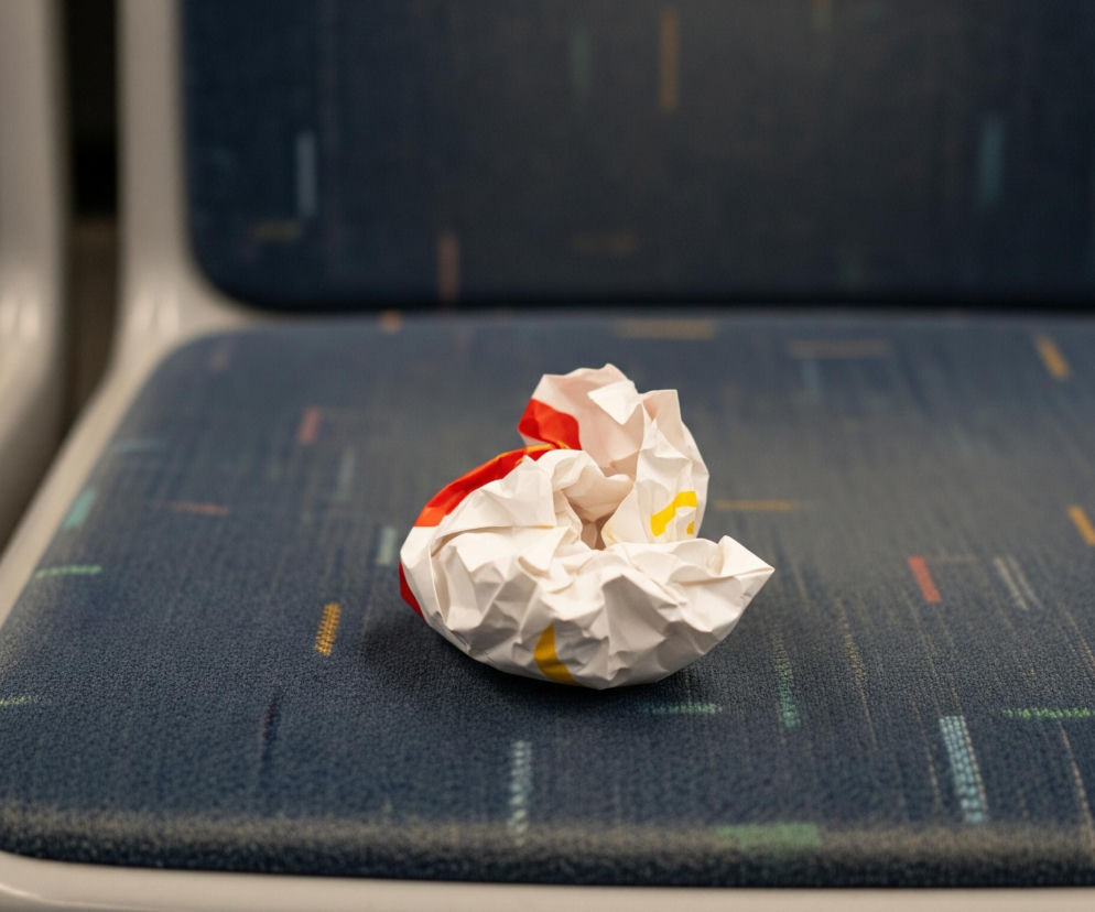 Na zdjęciu w centrum kadru leży pognieciony kawałek papieru, głównie biały, z fragmentami czerwonego i żółtego koloru. Papier spoczywa na ciemnoniebieskim siedzeniu, które jest tapicerowane tkaniną o drobnej teksturze, z delikatnymi, poziomymi i pionowymi wzorami w różnych odcieniach, takich jak pomarańczowy, zielony i jasnoniebieski. Siedzenie ma zaokrąglone krawędzie i jest otoczone jasnoszarą, plastikową lub metalową ramą, wykazującą ślady zużycia i zadrapania. W tle widać fragment drugiego, podobnego siedzenia, częściowo rozmytego, oraz ciemne, nieostre tło.