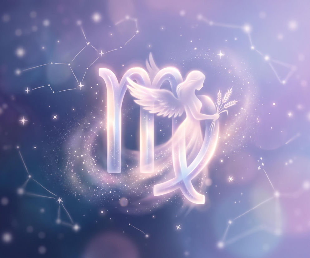 Świecący symbol znaku zodiaku Panna na tle nocnego nieba pełnego gwiazd. O horoskopie dziennym przeczytasz na Eska.