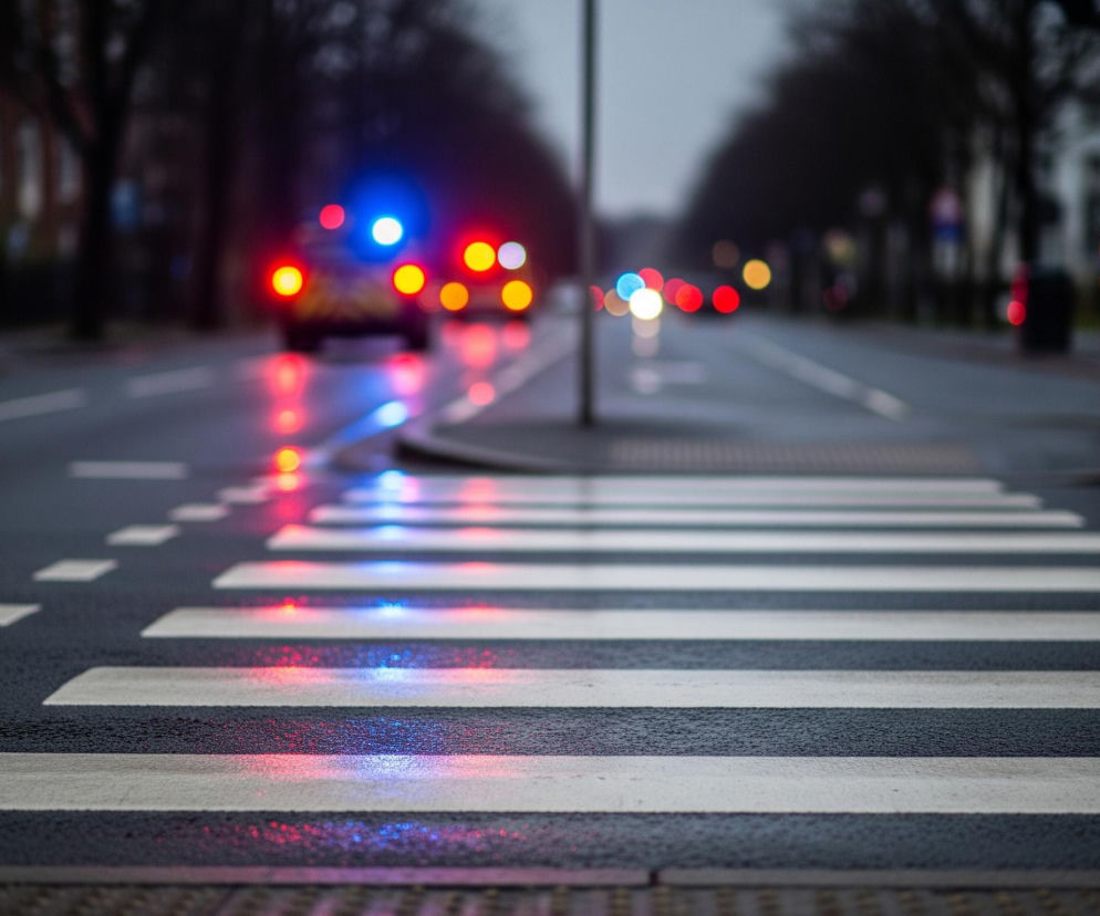 Na pierwszym planie widoczna jest mokra jezdnia z białymi pasami przejścia dla pieszych, na której odbijają się czerwone i niebieskie światła. W tle, na drodze biegnącej prosto, widać poruszające się samochody z wyraźnie świecącymi, rozmytymi światłami stopu w kolorze czerwonym oraz jednym niebieskim, intensywnym światłem, prawdopodobnie z pojazdu uprzywilejowanego. Całość ujęcia utrzymana jest w ciemnych, deszczowych barwach, z zielonkawymi i brązowymi akcentami rozmytej roślinności po bokach ulicy. Pionowy słup przecina kadr w środkowej części, dzieląc perspektywę na dwie strony ulicy.