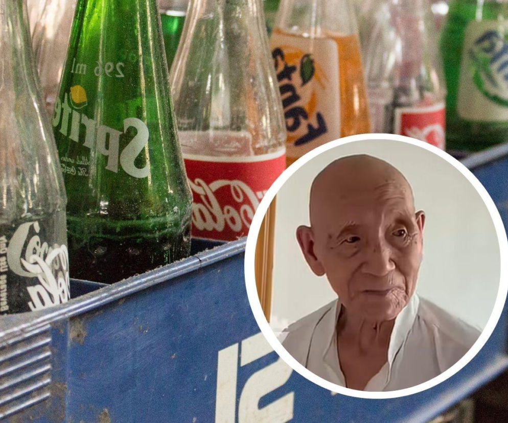 Butelki Sprite i Coca-Coli w skrzynce. Na miniaturze starszy Chińczyk. O diecie 101-latka przeczytasz w Eska.