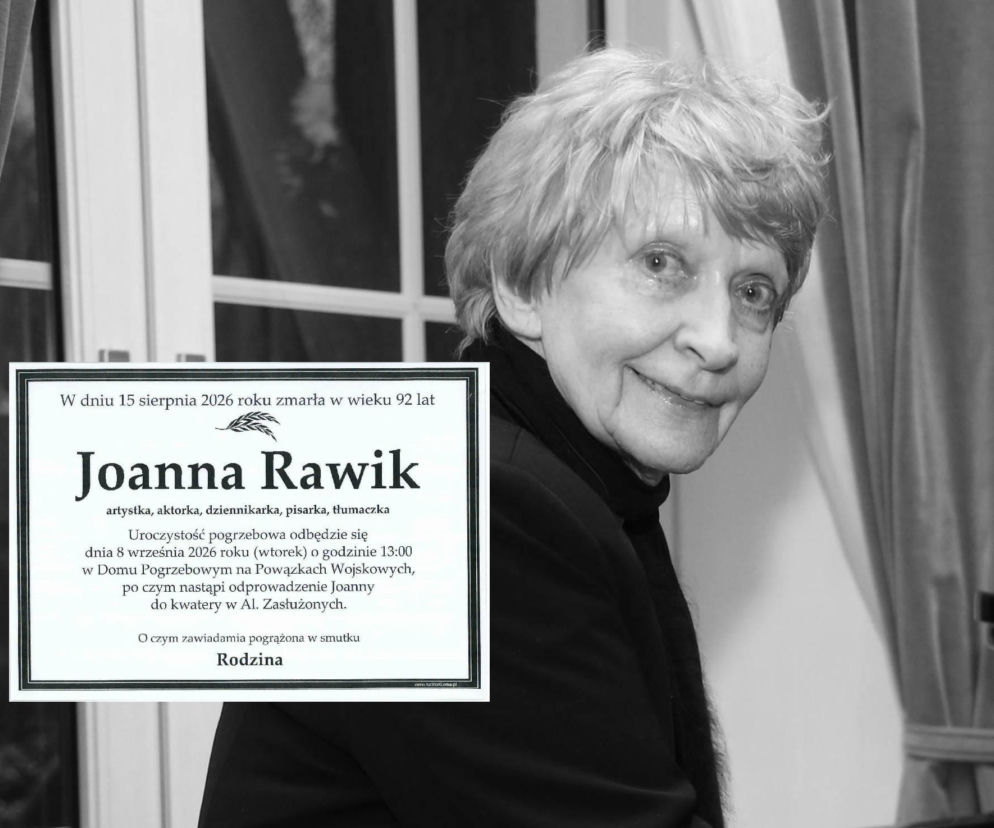 Uśmiechnięta Joanna Rawik. Obok klepsydra informująca o jej śmierci. O pogrzebie artystki przeczytasz na SE.