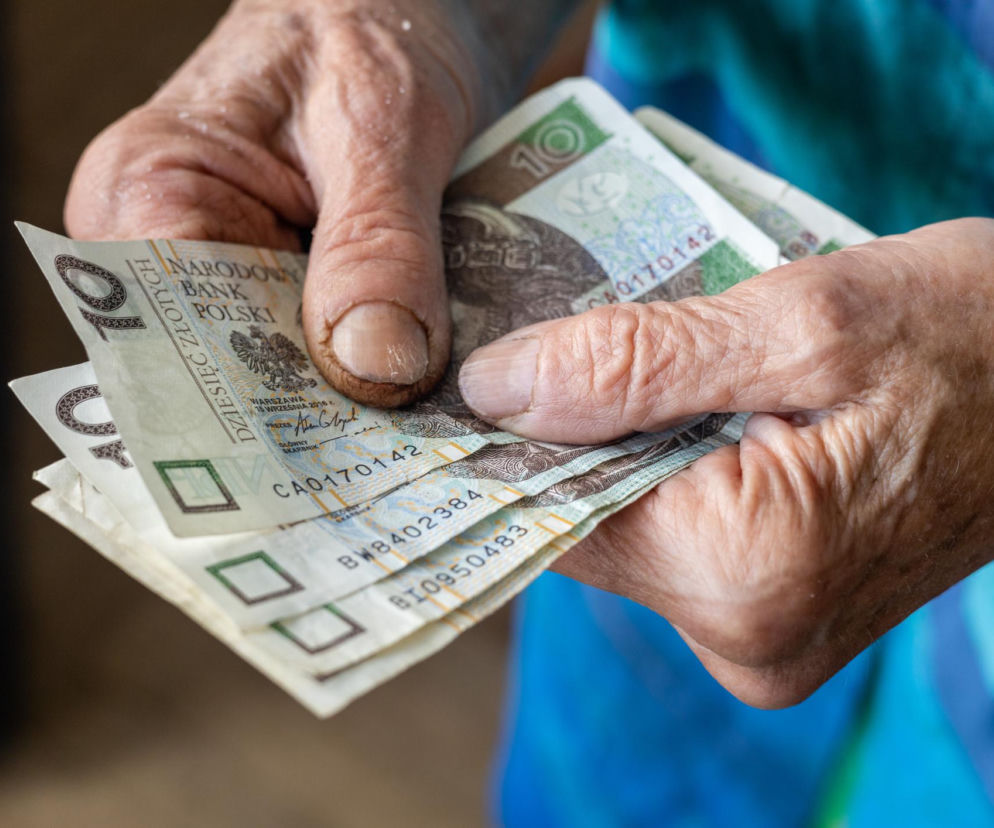 Stare, pomarszczone dłonie osoby starszej trzymają plik banknotów dziesięciozłotowych. Obraz symbolizuje wsparcie finansowe i renty z ZUS, o których można przeczytać na portalu Poradnik Zdrowie. Banknoty ukazują szczegóły nominałów, orzeł i napisy NBP.