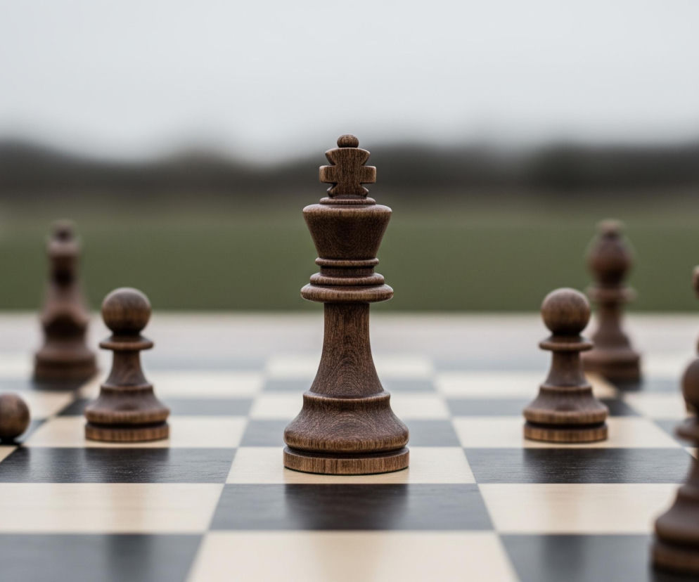 Na pierwszym planie, centralnie, stoi drewniany, ciemnobrązowy król szachowy. Wokół niego, na szachownicy z czarnymi i beżowymi polami, rozstawione są inne drewniane figury szachowe w podobnym, ciemnym odcieniu brązu, w tym pionki i koń, z których niektóre leżą przewrócone. Tło jest rozmyte, z widocznym zielonym obszarem trawy u dołu i szaro-białym niebem u góry, oddzielonym ciemniejszym, niewyraźnym pasmem horyzontu.