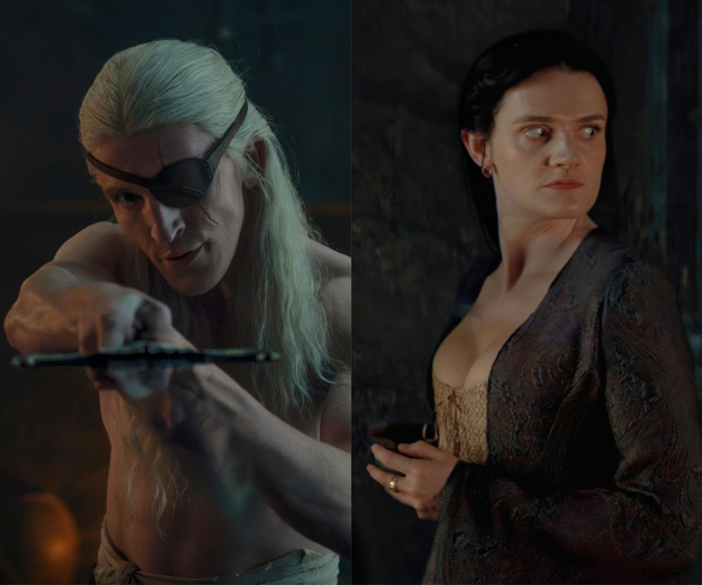 Aemond Targaryen z mieczem oraz wiedźma Alys Rivers. O relacji bohaterów Rodu smoka przeczytasz na SE.