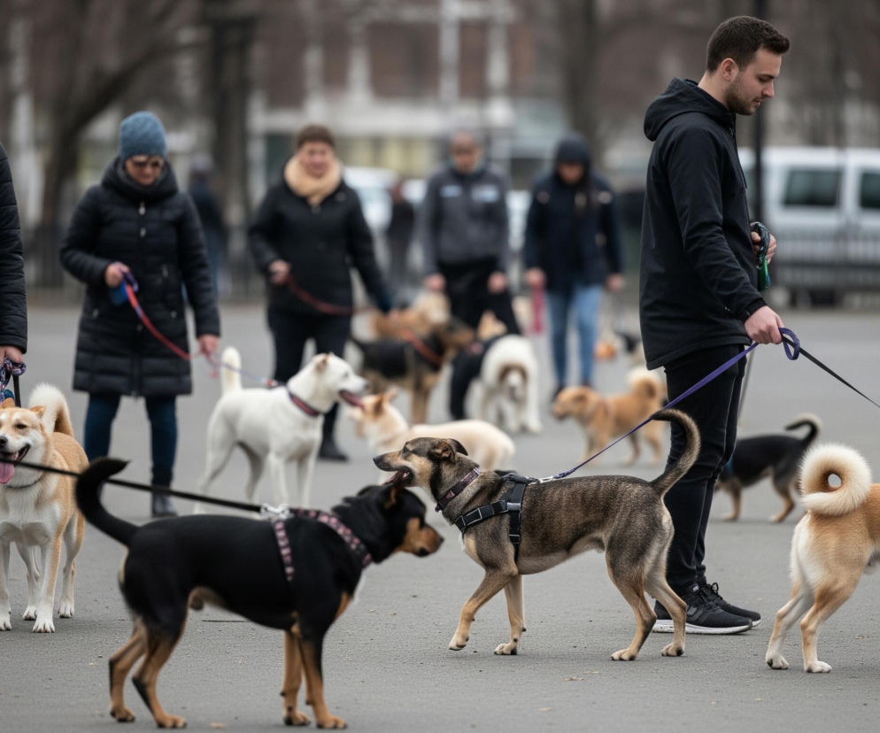 Grupę ludzi spacerujących z psami na smyczach, na otwartej, asfaltowej przestrzeni. W centrum kadru po lewej stoi kobieta w czarnej kurtce, jasnym szaliku i dżinsach, trzymająca smycz brązowo-białego psa z wystawionym językiem. Obok niej idzie mężczyzna w czarnej bluzie i spodniach, prowadzący ciemnobrązowego psa w szelkach oraz beżowego psa o zakręconym ogonie, który patrzy prosto w obiektyw. W tle widać więcej osób z psami, zamazane sylwetki drzew i budynków, oraz biały samochód.