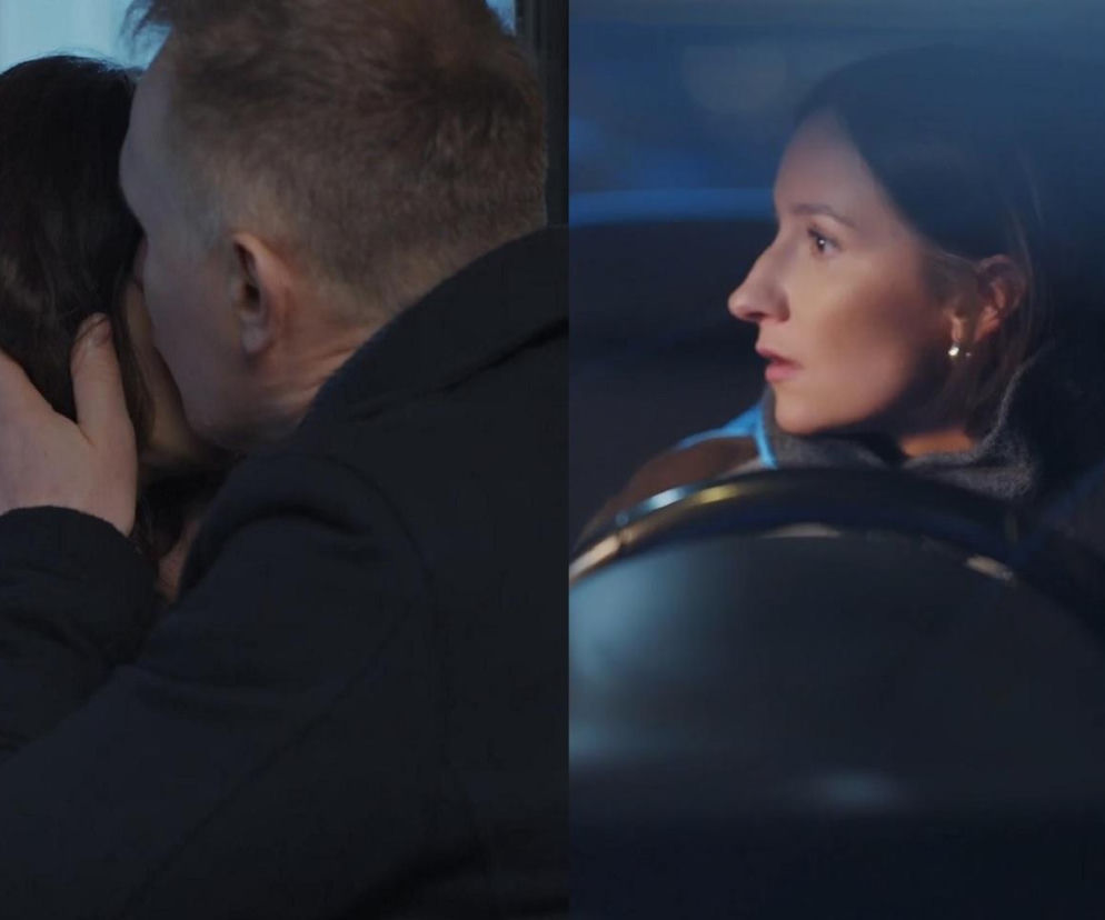 Artur i Joanna w intymnym pocałunku, po prawej Agnes, córka Artura, z przerażeniem patrzy na scenę z samochodu, stając się świadkiem zdrady w M jak miłość. Więcej o tym odcinku i innych serialach przeczytasz na portalu Super Seriale.