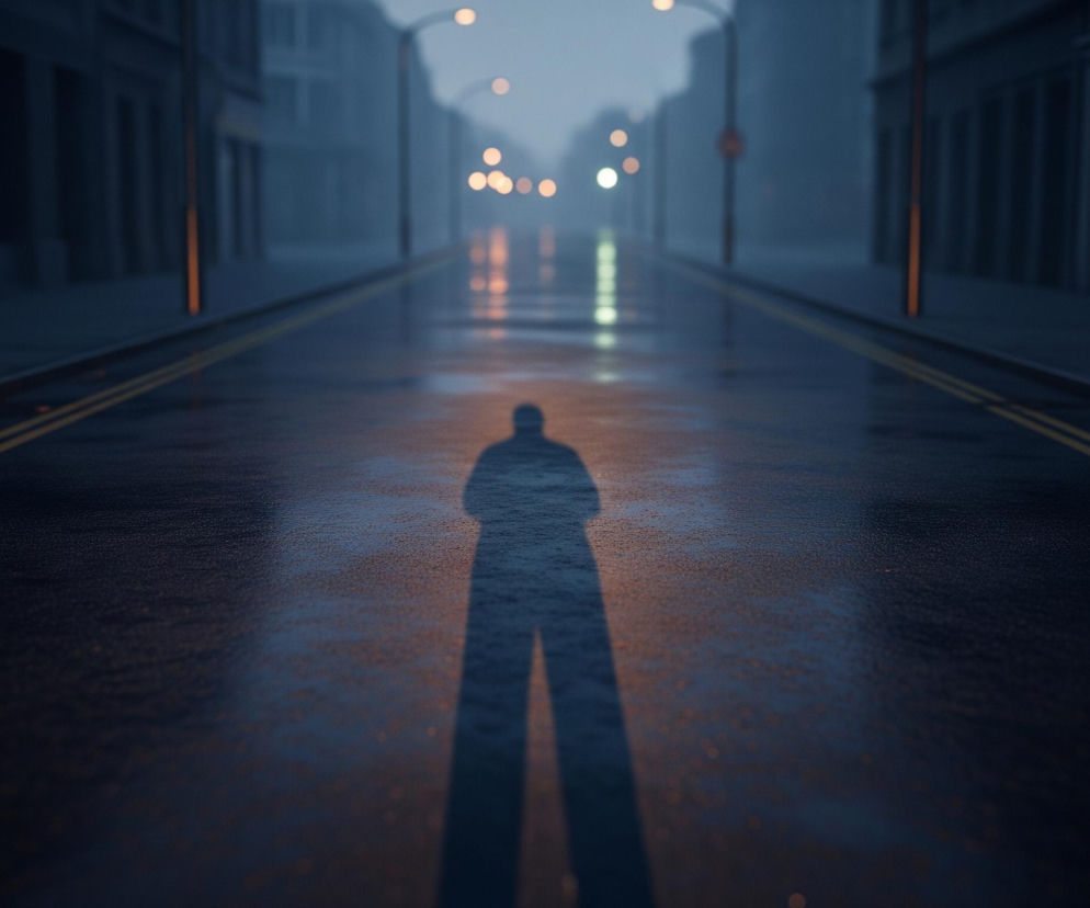 Na mokrej, asfaltowej ulicy, zajmującej centralną część kompozycji, widoczny jest długi, ciemny cień człowieka, rozciągający się od dołu kadru w kierunku perspektywicznie oddalonych świateł. Ulica ma dwie żółte linie ciągłe, biegnące równolegle do krawężników, które oddzielają je od ciemnych fasad budynków po obu stronach. W oddali, wzdłuż ulicy, widać rozmyte, pomarańczowe i białe światła latarni ulicznych i sygnalizacji świetlnej, odbijające się na wilgotnej nawierzchni. Całość utrzymana jest w chłodnej tonacji barw, głównie szarościach i błękitach, z punktowymi, ciepłymi akcentami świateł.