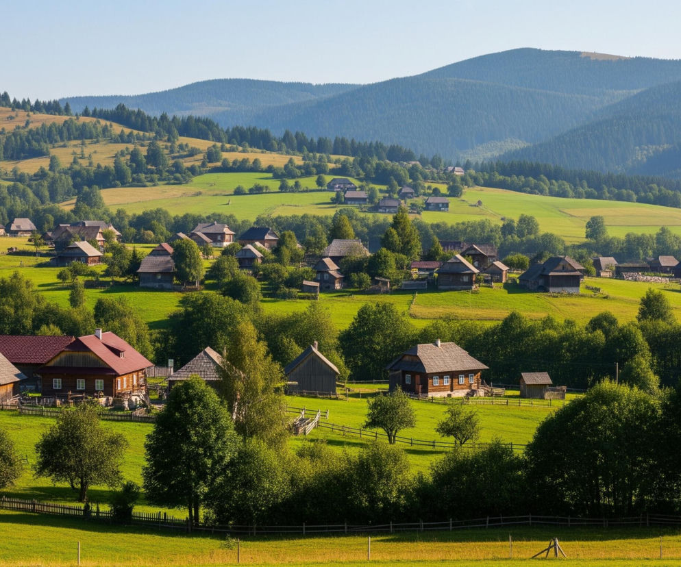 Rozległy, sielski krajobraz przedstawia wiele drewnianych domów i budynków gospodarczych rozmieszczonych na zielonych wzgórzach. Domy mają ciemne ściany i często brązowe lub szare dachy, niektóre z widocznymi kominami. Całość otoczona jest licznymi drzewami i krzewami w różnych odcieniach zieleni, z pasmami drewnianych płotów przecinających trawiaste pola. W oddali widać ciemne, zalesione pasma górskie pod jasnym, błękitnym niebem.