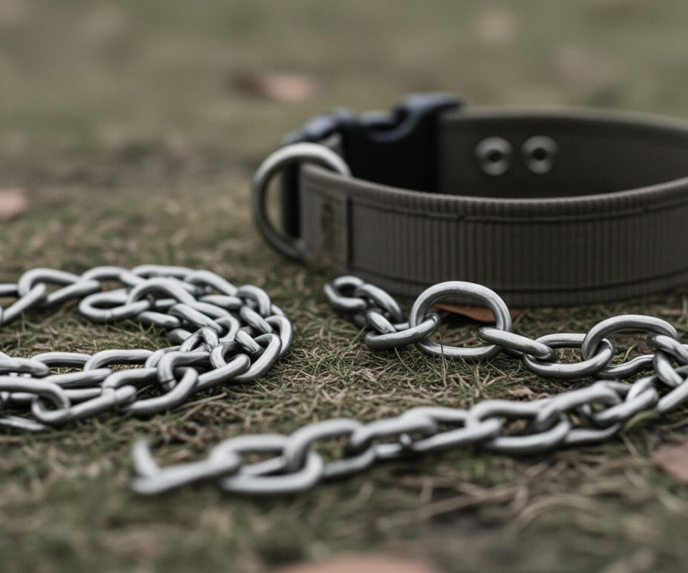 Na pierwszym planie leży metalowy łańcuch o grubych, srebrnych ogniwach, częściowo zwinięty w okrąg, a częściowo rozciągnięty. Obok, nieco bardziej w tle i po prawej stronie, znajduje się szeroka, oliwkowo-zielona obroża z tkaniny, wyposażona w metalowe kółko i czarne plastikowe zapięcie. Oba przedmioty spoczywają na ziemi pokrytej suchą trawą i kilkoma brązowymi, opadłymi liśćmi, tworzącymi jesienny kontekst. Tło jest rozmyte, ukazując jedynie zielono-brązowe odcienie podłoża.