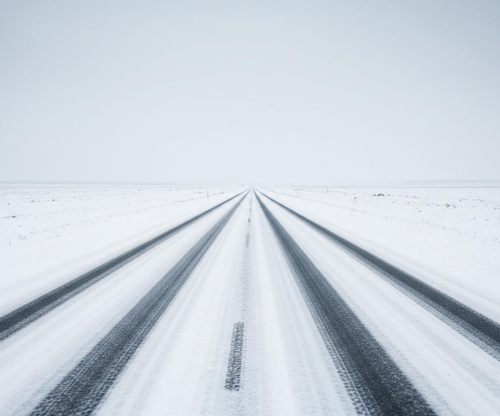 Długa, prosta droga rozciąga się w nieskończoność przez zasypany śniegiem, płaski krajobraz. Cztery równoległe, ciemne pasy, stanowiące ślady pojazdów, biegną od dolnej części kadru, zbiegając się w odległym punkcie na horyzoncie, gdzie bielejące niebo zlewa się z ośnieżonym terenem. Po obu stronach drogi rozciąga się jednolita, pokryta śniegiem równina z niewielkimi, rozproszonymi ciemnymi elementami roślinności. Kolorystyka obrazu jest zdominowana przez biel i różne odcienie szarości.