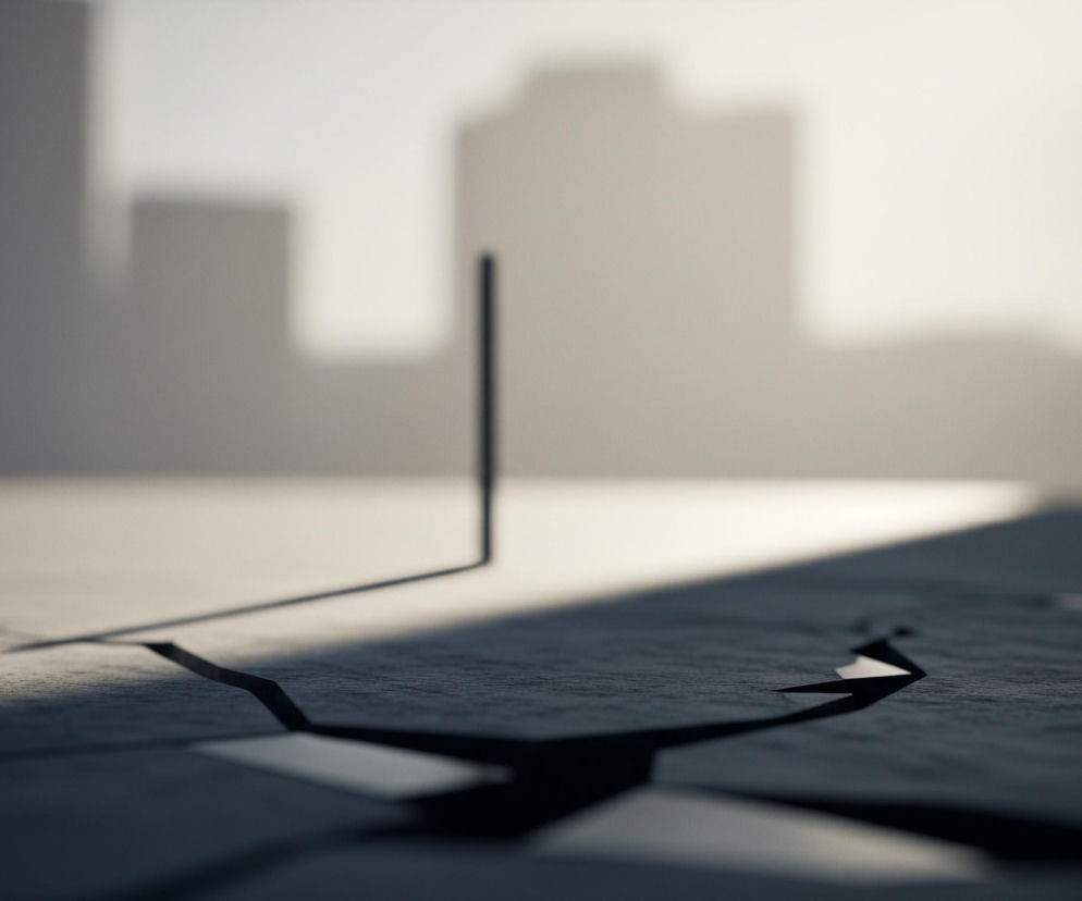 Na pierwszym planie widoczna jest ciemna, spękana powierzchnia, przypominająca asfalt lub beton, z wyraźnymi, nieregularnymi szczelinami rozchodzącymi się od lewej do prawej strony. Pośrodku tej powierzchni, w dalszej części, pionowo wystaje cienka, czarna listwa, rzucająca długi cień w lewo. Tło jest rozmyte i jasne, przedstawiające zamglony, niewyraźny pejzaż miejski z sylwetkami kilku wysokich budynków w odcieniach szarości i bieli, co nadaje scenie enigmatyczny i nieco surowy charakter.