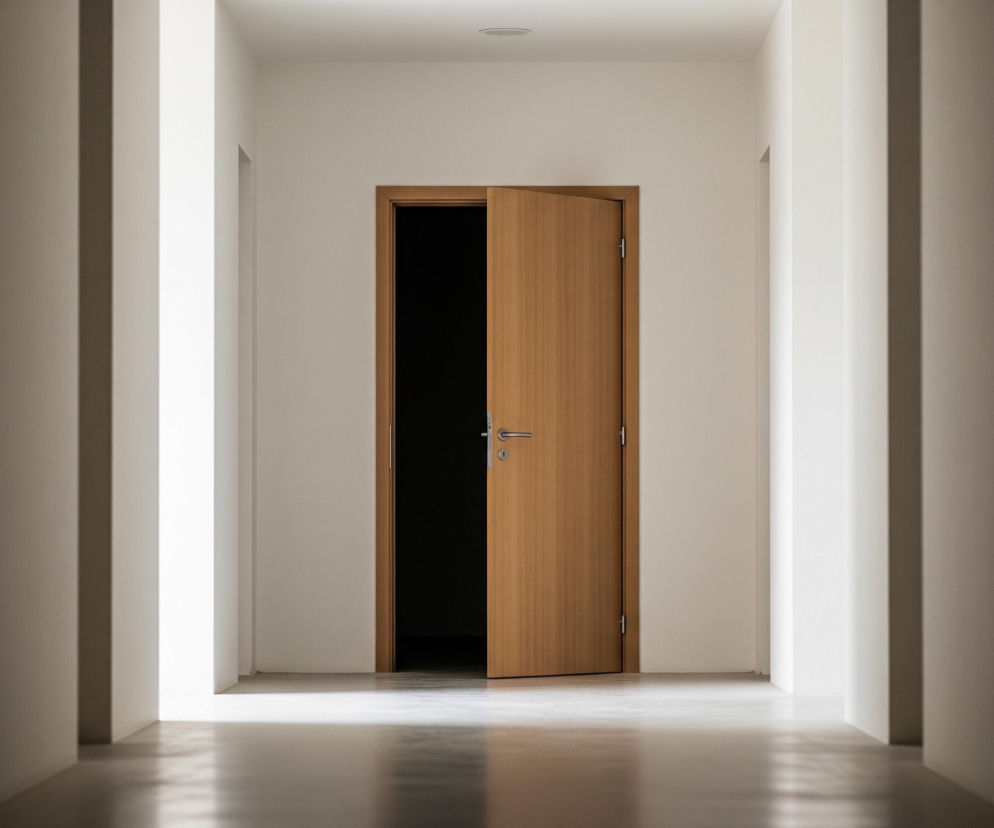 W centrum zdjęcia widoczny jest częściowo otwarte drewniane drzwi w jasnym, nowoczesnym korytarzu. Jasne ściany otaczają centralne wejście, z lewej strony drzwi widać ciemny, niezidentyfikowany obszar. Podłoga w korytarzu jest błyszcząca, odbijając światło padające z niewidocznego źródła, co tworzy długie, jasne refleksy. Po bokach korytarza widoczne są cienie na ścianach, które stopniowo ciemnieją w kierunku brzegów kadru.