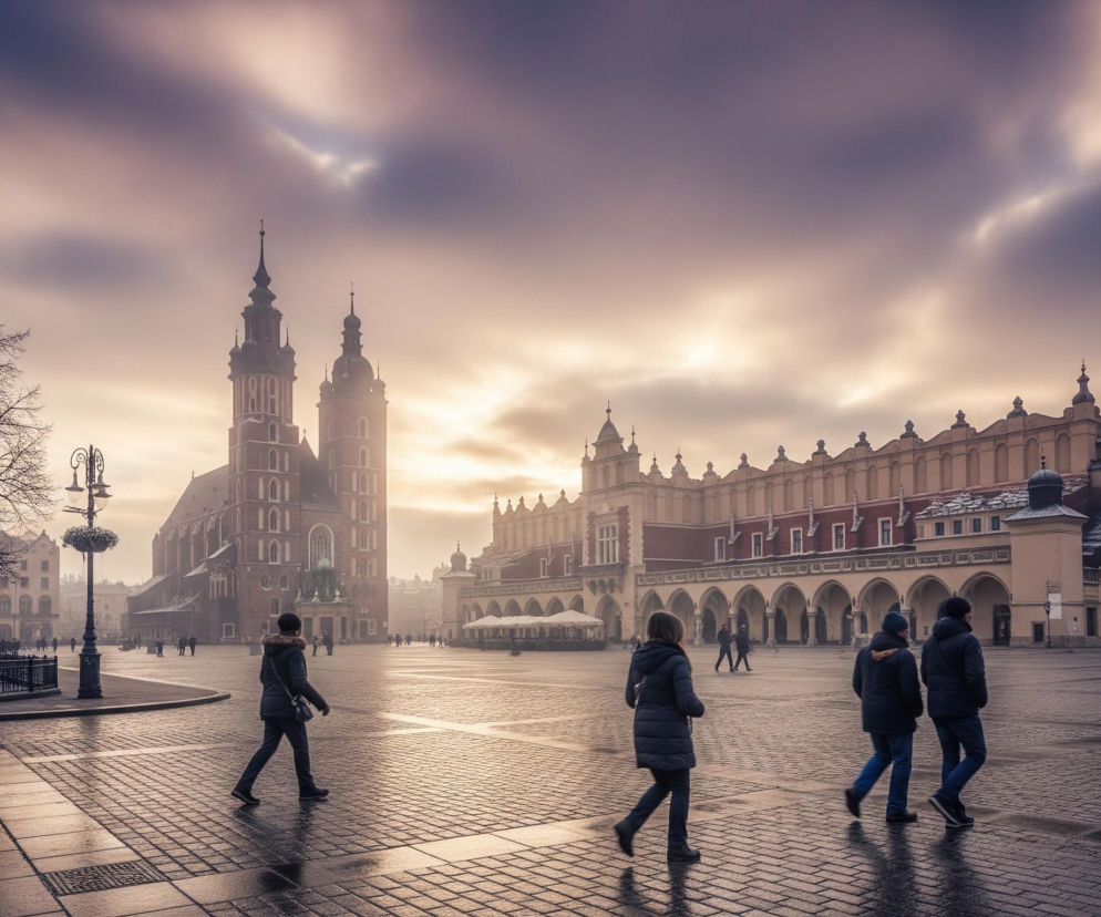 Rozległy, brukowany plac miejski oświetla ciepłe, zachodzące słońce, rzucając długie cienie i odbicia na mokrej nawierzchni. Na pierwszym planie po lewej stronie rośnie duże, bezlistne drzewo, a za nim wznosi się ciemna, gotycka budowla z dwiema strzelistymi wieżami, z których jedna jest wyższa i bardziej zdobiona. Po prawej stronie placu dominuje długi, horyzontalny budynek z charakterystycznymi arkadami na parterze i czerwonawym dachem z ozdobnymi szczytami. Po placu, w kierunku od lewej do prawej, idzie kilka postaci ubranych w ciemne, zimowe płaszcze. Niebo nad miastem jest pokryte warstwą chmur o purpurowo-pomarańczowych odcieniach, które rozjaśniają się ku horyzontowi.