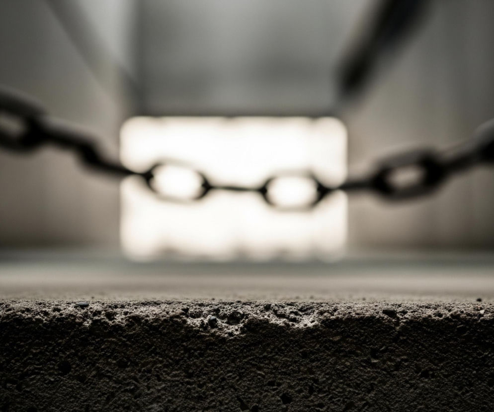 Pierwszy plan zajmuje szeroki, szorstki blok betonu, jego górna krawędź jest nierówna i porowata, z widocznymi drobnymi kamykami i wgłębieniami. Powierzchnia betonu jest ciemnoszara, a światło pada na nią z góry, tworząc subtelne cienie. W tle, ostrość obrazu rozmywa się, ukazując dwie ciężkie, metalowe łańcuchy, biegnące poziomo od lewej do prawej strony. Pomiędzy łańcuchami, w centrum kadru, znajduje się jasny, prostokątny otwór, być może okno lub drzwi, emitujący intensywne światło, które kontrastuje z ogólnym, szarym i ciemnym tonem otoczenia.