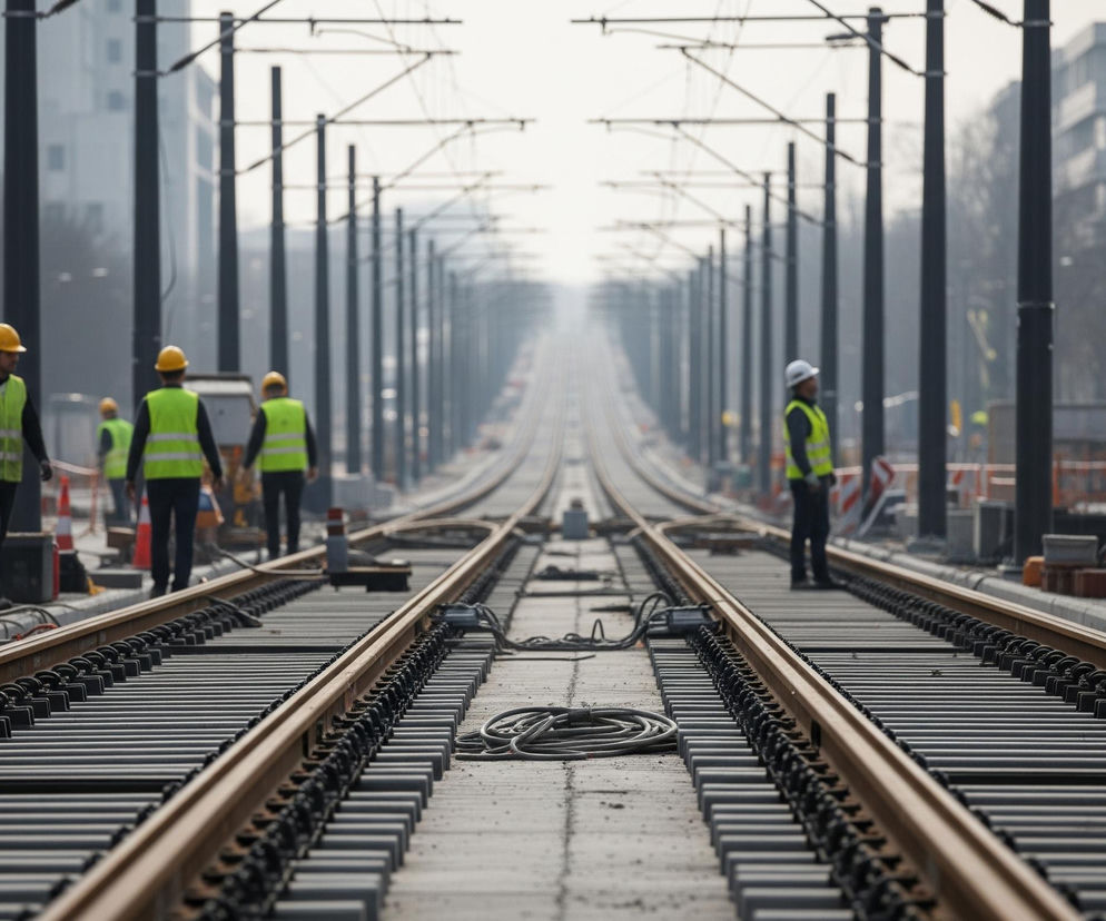 Nowe tory tramwajowe biegnące prosto w dal, z rozchodzącymi się na boki szynami w tle. Po obu stronach torów widoczni są robotnicy w żółtych kamizelkach odblaskowych i kaskach, pracujący na placu budowy. Wzdłuż torów stoją słupy trakcyjne, a na poboczach leżą zwoje kabli i elementy sygnalizacji. Scena jest utrzymana w stonowanych kolorach szarości i brązów, z jaskrawymi akcentami fluorescencyjnej żółci i pomarańczu.