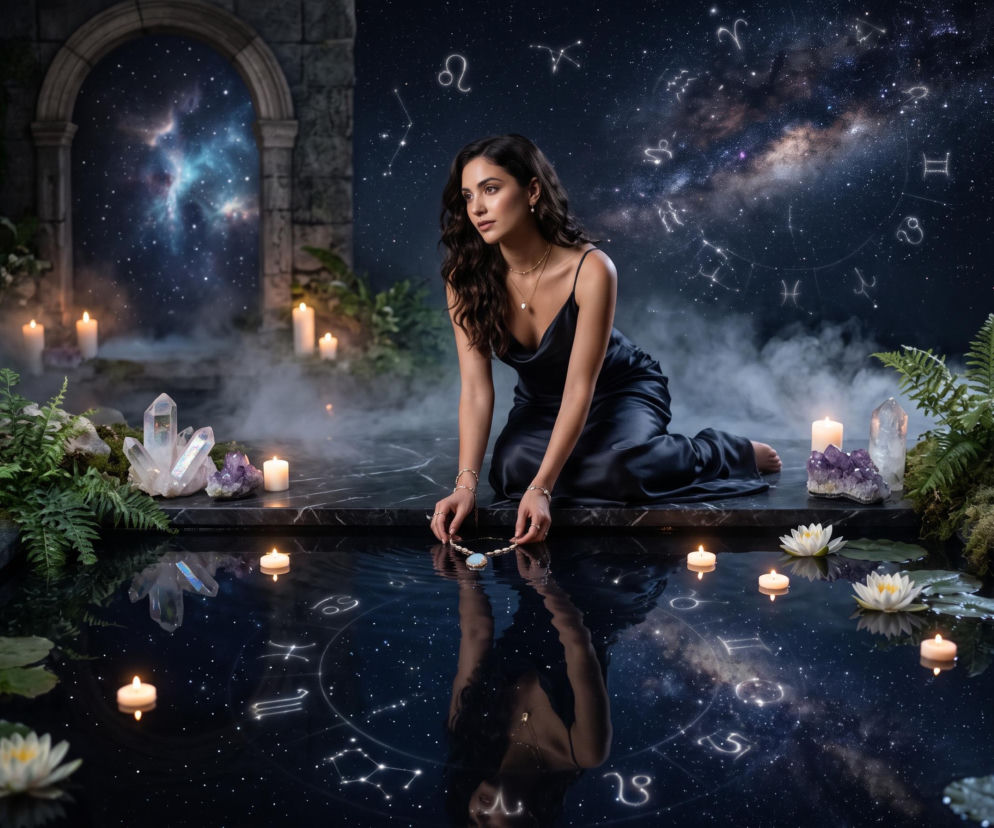 Kobieta w czarnej sukni przy wodzie z symbolami zodiaku. O horoskopie dziennym przeczytasz na SE.