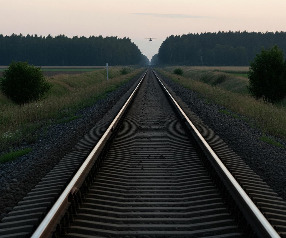 Tor kolejowy, składający się z dwóch srebrzystych szyn ułożonych na ciemnych podkładach i otoczony żwirem, rozciąga się w głąb obrazu, zbiegając się w dalekim punkcie. Po obu stronach torów widoczne są pasy zielonej trawy i dzikiej roślinności, za którymi rozciągają się pola uprawne w różnych odcieniach zieleni i brązu. Horyzont wyznaczają ciemne, gęste lasy, a nad nimi unosi się blade, nieco zamglone niebo; w oddali, nad torami, ledwie dostrzegalny jest helikopter.