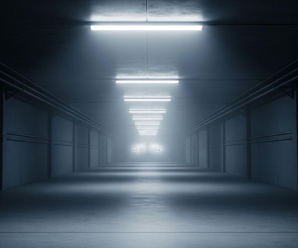 Długi, ciemny korytarz rozciąga się w głąb obrazu, znikając w jasnej mgle w oddali. Na suficie w regularnych odstępach wiszą podłużne, białe lampy jarzeniowe, których intensywne światło rozjaśnia przestrzeń i tworzy widoczne refleksy na gładkiej podłodze. Ściany po obu stronach są szare, z rzędami poziomych rur biegnących wzdłuż górnej części, a także pionowymi elementami konstrukcyjnymi.