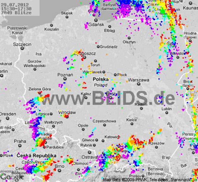 Burze w Polsce, 29.07.2012 - MAPA z godz. 15.30 - 17.30