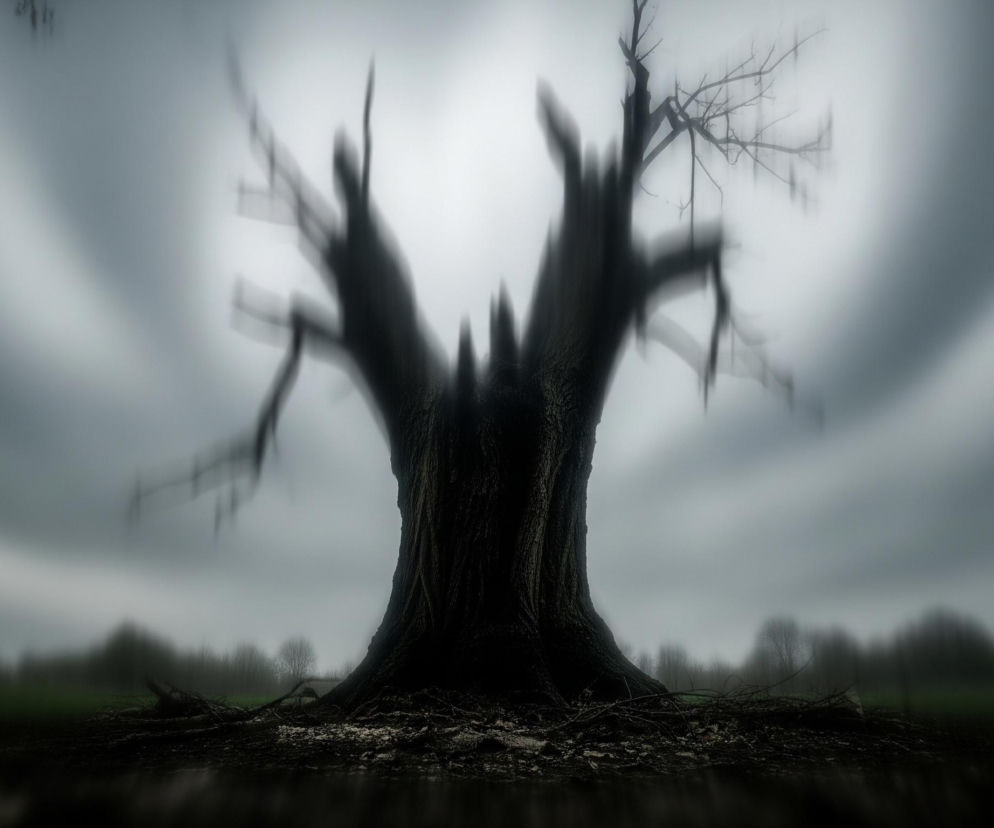 Na pierwszym planie, centralnie, dominuje masywny, bezlistny pień drzewa o ciemnej, spękanej korze, rozwidlający się w górnej części w grube, rozmazane gałęzie. Podstawa drzewa otoczona jest splecionymi korzeniami i kawałkami ziemi. Tło stanowi rozmyty, szary krajobraz z delikatnymi zarysami drzew i zielonych pól na horyzoncie, tworząc kontrast z intensywną ciemnością głównego drzewa. Nad drzewem rozpościera się jaśniejsze, zamglone niebo z promieniami światła przebijającymi się przez chmury, a cała scena ma eteryczny, oniryczny charakter, podkreślony przez rozmycie i brak ostrości.