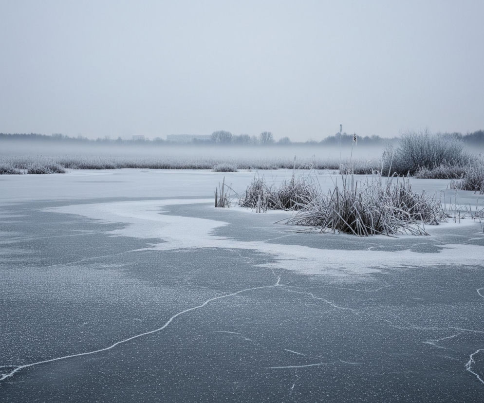 Zamarznięta tafla wody pokrywa większą część obrazu, z wyraźnymi pęknięciami i nieregularnymi płatami lodu oraz śniegu. Na dalszym planie, po prawej stronie, rośnie kępa traw i trzcin, pokrytych szronem. Horyzont zamyka pas zamglonych drzew, z niewyraźnymi zarysami budynków w oddali, wszystko spowite w szaro-białej, zimowej scenerii pod jasnym, zachmurzonym niebem.