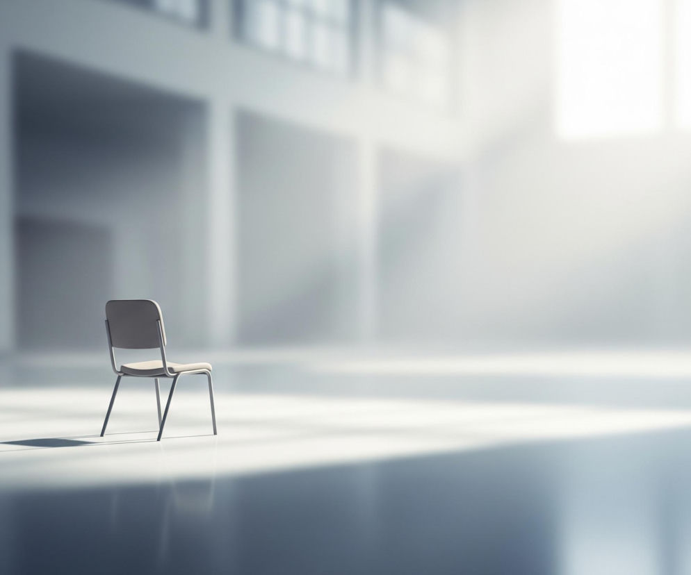 Pojedyncze, beżowe krzesło stoi na środku obszernego, jasnoszarego pomieszczenia. Na podłodze widoczne są intensywne smugi światła i cienia, padające ukośnie z prawej strony. W tle, na lewo, widnieje rozmazany, szary fragment ściany z kilkoma zarysami okien, natomiast po prawej stronie obrazu dominuje jasna, rozświetlona przestrzeń.