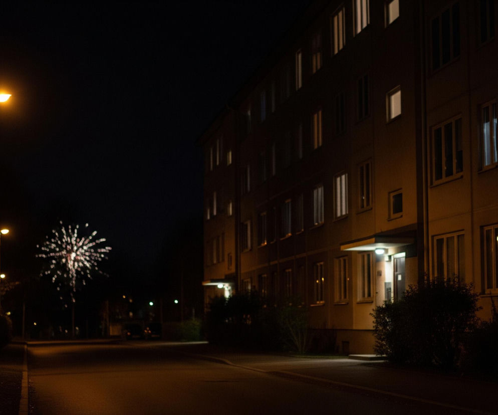 Nocny widok na ulicę i budynek mieszkalny oświetlony lampami ulicznymi. Po lewej stronie kadru dominuje wysoka, metalowa lampa uliczna z żółtym światłem, a w tle widać rozbłysk fajerwerków w kolorze białym i różowym. Po prawej stronie rozciąga się fasada pięciopiętrowego budynku o beżowych ścianach z licznymi oknami, z których niektóre świecą ciepłym, żółtym światłem, a jedno zielonkawym. Pod budynkiem rosną ciemne krzewy, a przed nim widoczna jest asfaltowa droga i chodnik.