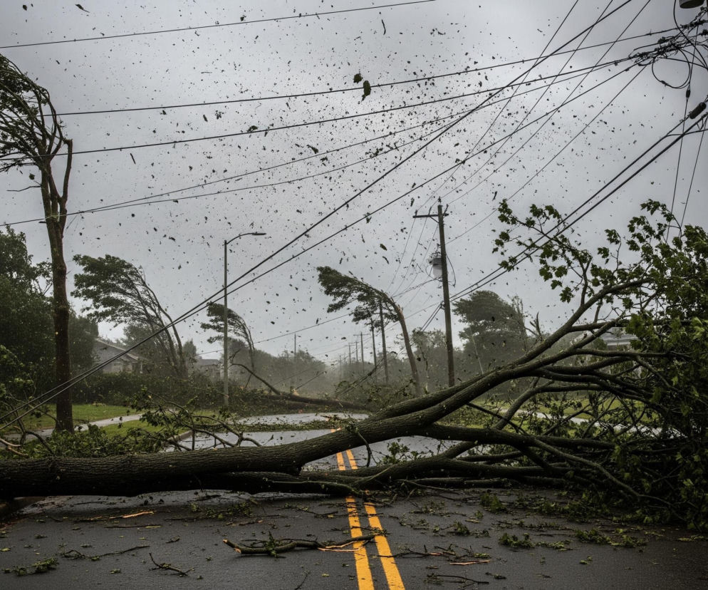 Na pierwszym planie leży na asfaltowej drodze powalone drzewo z licznymi gałęziami pokrytymi zielonymi liśćmi, blokując całą szerokość jezdni. Droga ma widoczne, podwójne, żółte linie środkowe i jest zasypana liśćmi oraz drobnymi gałązkami. W tle widoczne są inne drzewa, niektóre z nich mocno pochylone pod wpływem wiatru, a liczne ciemne punkty, prawdopodobnie kawałki liści lub gałęzi, unoszą się w szarym, zachmurzonym powietrzu. Po prawej stronie, w oddali, widać fragment białego domu oraz słupy energetyczne z poplątanymi przewodami.