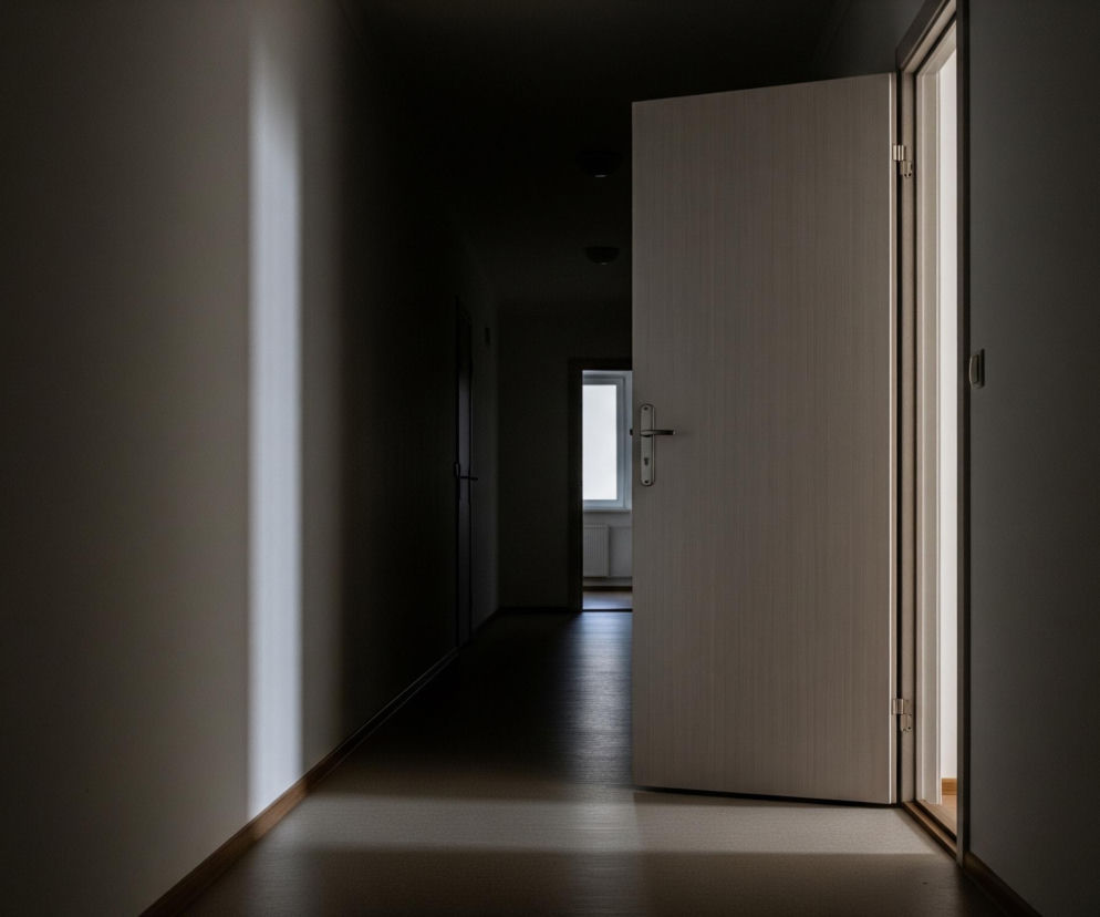 Pusta, ciemna perspektywa długiego korytarza rozciąga się w głąb obrazu. Z prawej strony widoczne są otwarte, jasne drzwi, które uchylają się do wnętrza jasnego pomieszczenia. Światło z tego pomieszczenia pada na podłogę korytarza, tworząc jasny prostokąt. Dalej w korytarzu widać kolejne ciemne drzwi, a na samym końcu jasne okno w oddali. Po lewej stronie korytarza, pionowy pas światła pada na ścianę, odbijając się od podłogi.