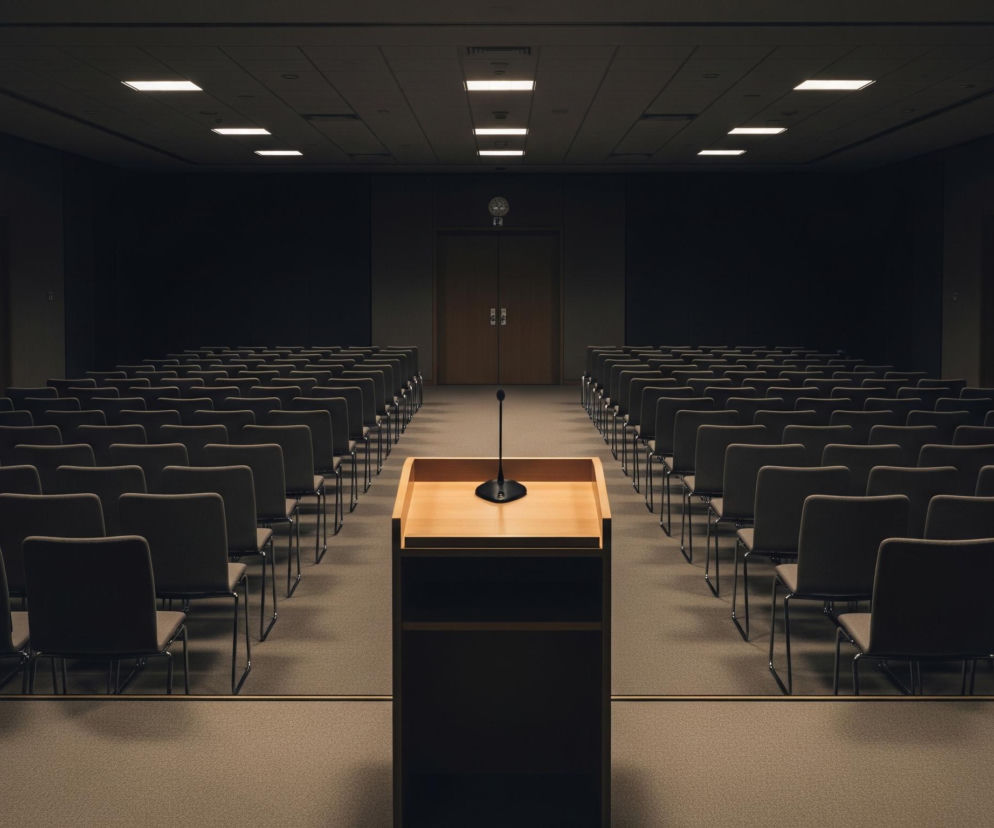 Centralnie umieszczona jest drewniana mównica z mikrofonem, z której perspektywy ukazane są rzędy pustych krzeseł skierowanych do przodu, rozciągające się po obu stronach. Krzesła mają ciemne oparcia i siedziska, osadzone na metalowych ramach, tworząc symetryczne aleje na szarym, wykładzinowym podłożu. Na ciemnym suficie widoczne są równomiernie rozmieszczone, prostokątne panele świetlne, z których kilka świeci intensywnym, białym światłem. W tle, na wprost mównicy, znajdują się podwójne, drewniane drzwi z metalowymi klamkami, a nad nimi okrągły zegar.
