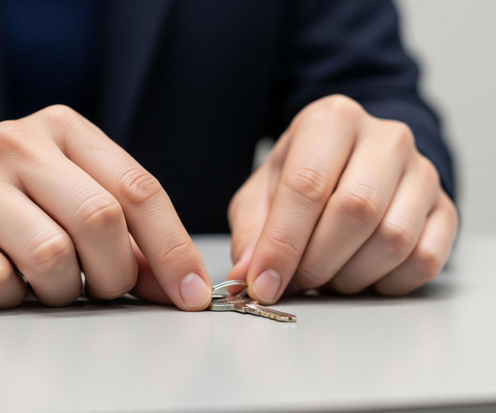 Dwie dłonie, z jasną karnacją, skupione są na małym, metalowym kluczu leżącym na szarej, gładkiej powierzchni stołu. Palce obu dłoni delikatnie dotykają klucza, wskazując na czynność podnoszenia lub manipulowania nim. W tle, rozmyta postać ubrana jest w ciemną, granatową marynarkę lub garnitur, sugerującą formalne otoczenie.