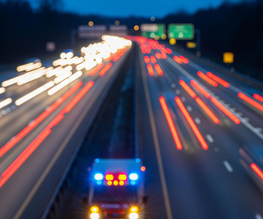 Na rozmazanym, nocnym zdjęciu widać autostradę z intensywnym ruchem samochodowym. Przedni plan zajmuje tylna część pojazdu z włączonymi, jaskrawymi światłami: dwoma żółtymi na dole, dwoma pomarańczowymi i dwoma niebieskimi na górze, oraz czterema czerwonymi w środkowej części, co tworzy wyraźne smugi świetlne. Z lewej strony drogi, w kierunku oddalania się od patrzącego, biegną liczne, rozciągnięte smugi żółtego światła, podczas gdy z prawej strony widoczne są podobne smugi, lecz w kolorze czerwonym. W tle widać zamazane, zielone znaki drogowe oraz ciemne drzewa.